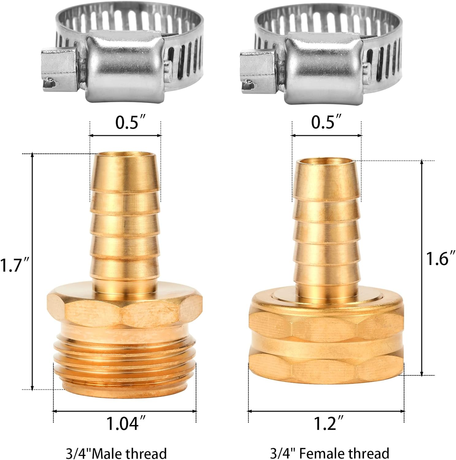 Brass Garden Hose Connector Repair Mender Kit with Stainless Clamp,Fits 1/2" Water Hose Fitting,2 Sets(1/2" Barb X 3/4" GHT) image number 4