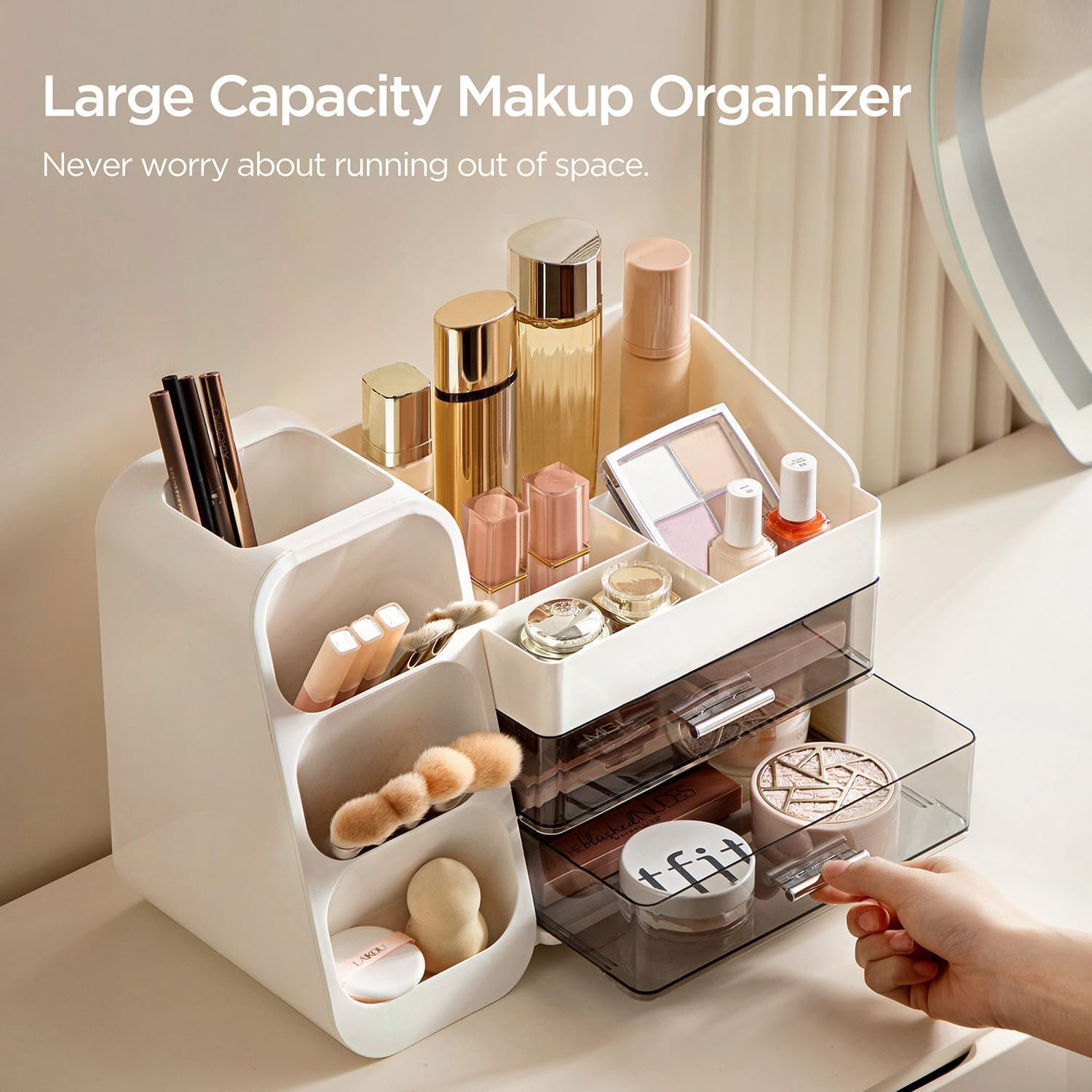 Betterlifewj Cosmetic Storage Box. with Brush Holder, Transparent Drawer Box. Convenient Storage of Skin Care Products, Brushes, Eye Shadow, Lotion, Lipstick. (White) image number 6