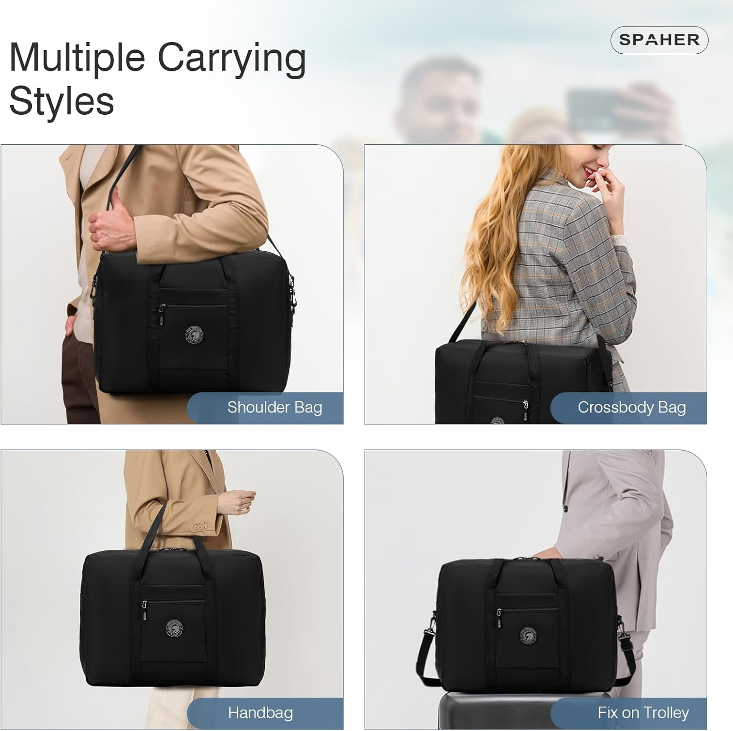 SPAHER 45L Travel Duffle Bag Cabin Bag Lufthansa 55X40X20 Carry on Hand Luggage Lightweight Foldable Cabin Luggage Overnight Weekender Holdall Tole Bag Waterproof Travel Handbag Black image number 5