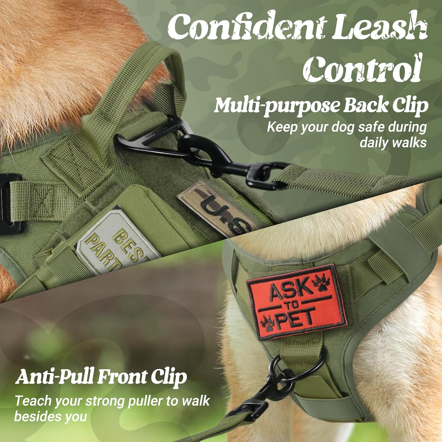 Rabbitgoo Tactical Dog Harness for Medium Dogs, Military Dog Harness with Handle, No-Pull Service Dog Vest with Molle & Loop Panels, Adjustable Dog Vest Harness for Training Hunting Walking, Green, M image number 2