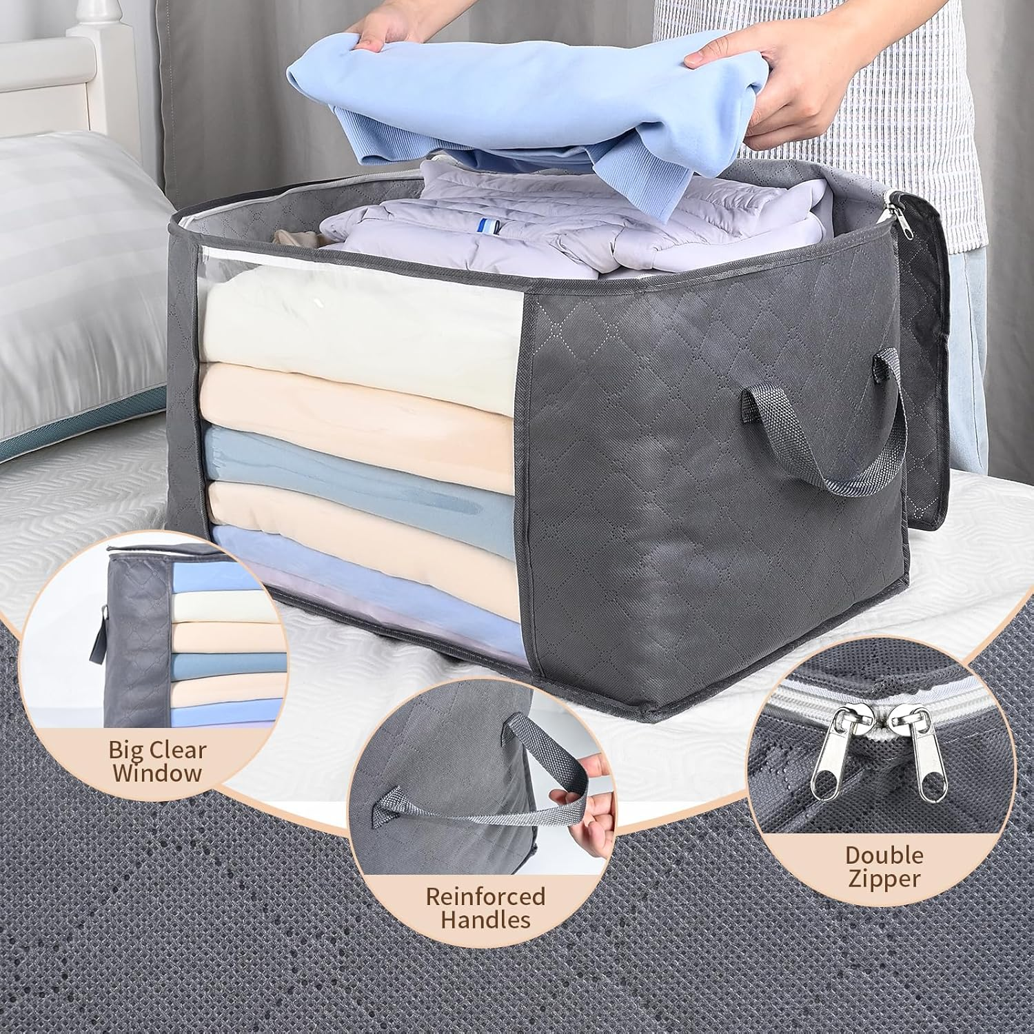 Otraki Storage Box with Lid, Pack of 6 Large Clothes Storage, Moving Boxes, Storage Boxes for Duvets, Blankets, Clothes, Underbed, Wardrobe