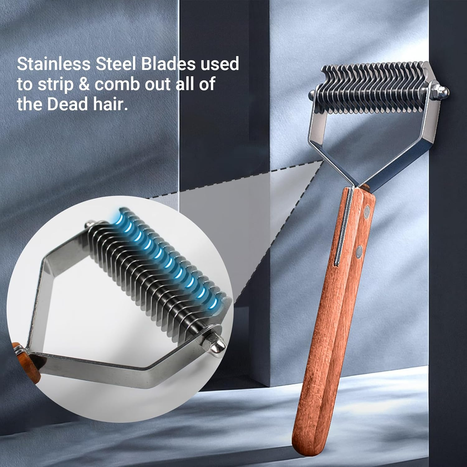 20-Blade Dog Grooming Rake - Professional Undercoat Remover for Medium/Large Dogs & Cats, Stainless Steel Dematting Tool with Solid Wood Handle, Shedding Brush for Mats, Tangles & Flying Fur image number 4
