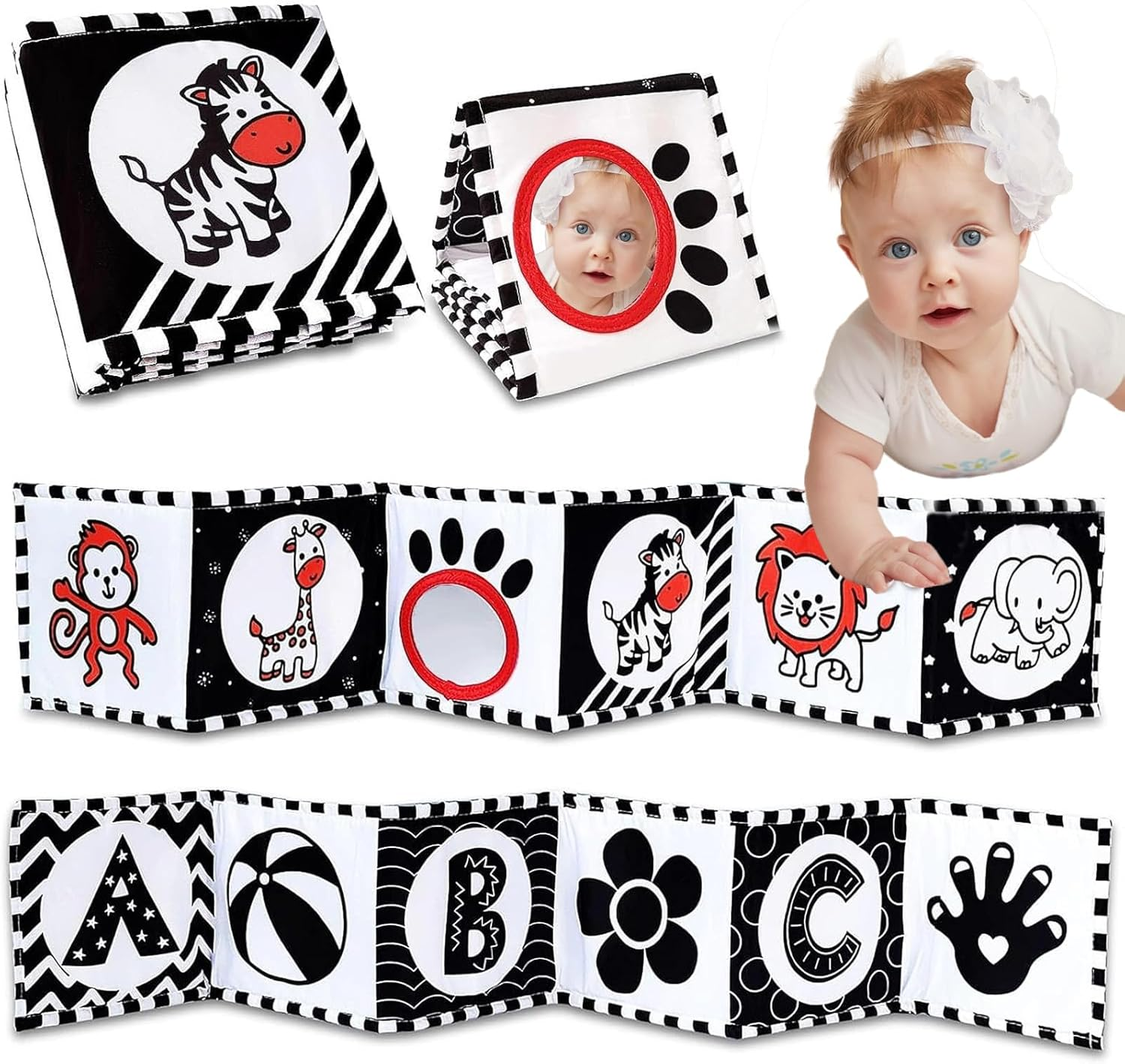 4Pcs Black and White Baby Toys, Tummy Time High Contrast Newborn Toys 0-3 Months, Soft Baby Book, Visual Stimulation Montessori Sensory Infant Toy 0-6-12 Months, Shower Gift, Stocking Stuffers