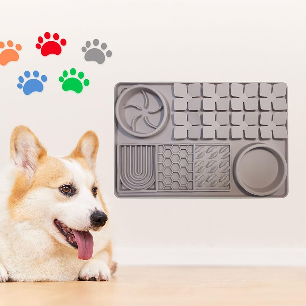 Pet Slow Feeder Bowl and Lick Mat Set, Snuffle Mat with Suction Cups, Interactive Puzzle Toy for Dogs and Cats, Grey image number 2