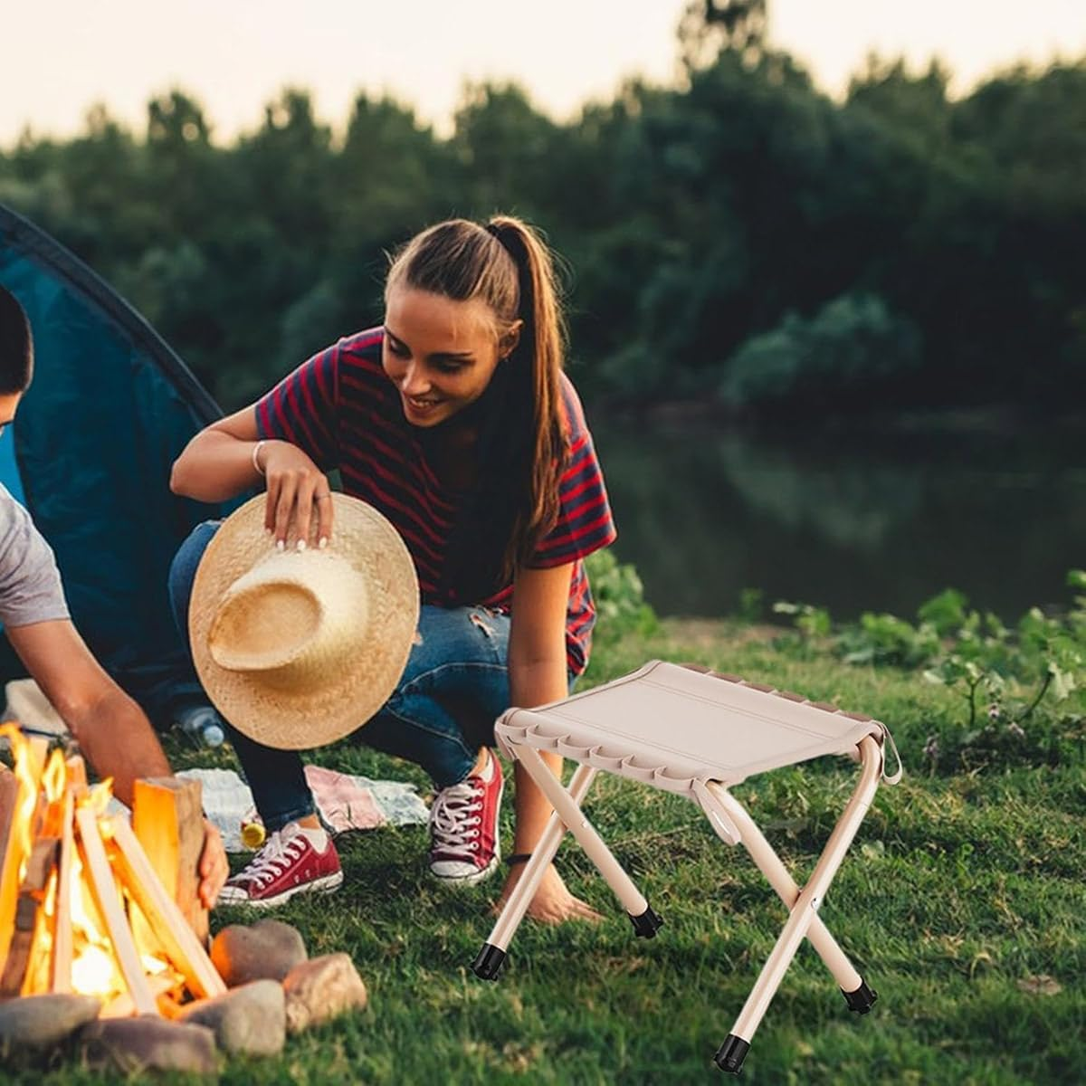 AIMALL 1Pc Outdoor Mazar Foldable Stool, Portable Fishing Chair, Lightweight Folding Camping Stool, Compact Picnic Bench, Heavy-Duty 130KG Capacity, Convenient Storage Bag - Khaki image number 2