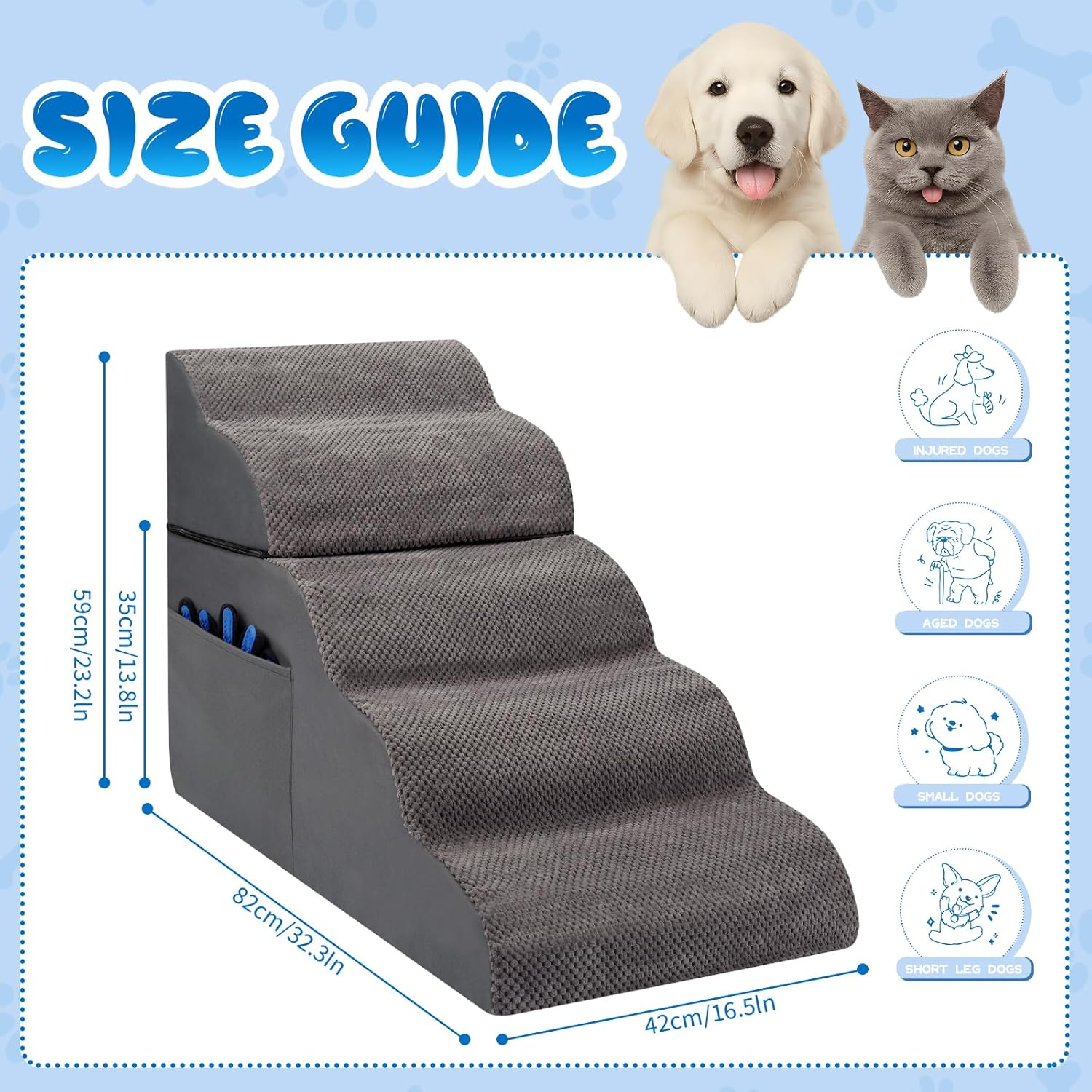 Dog Stairs Ramp Pet Steps 24/35/59Cm Adjustable Height Extra Wide Dog Ramp with Portable Handle Removable Washable Cover Non-Slip Bottom for Small Elderly Short-Legged or Injured Dogs and Cats image number 5