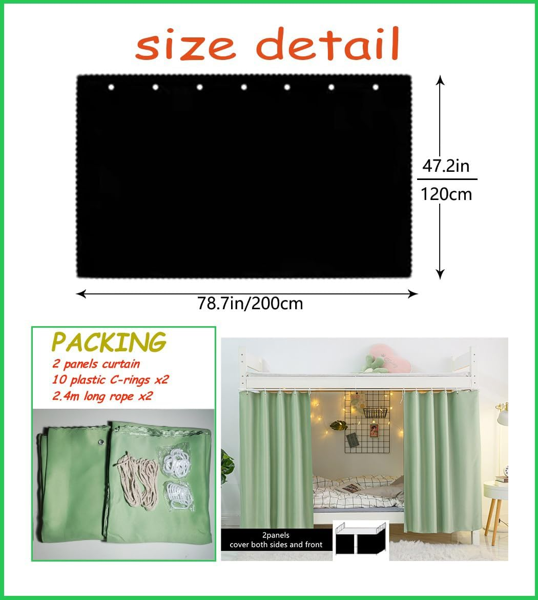 Teanea Heavy-Duty Blackout Bottom Bunk Bed Curtains Privacy Canopy Twin Size for Home Dorm, 1 Panel, Green