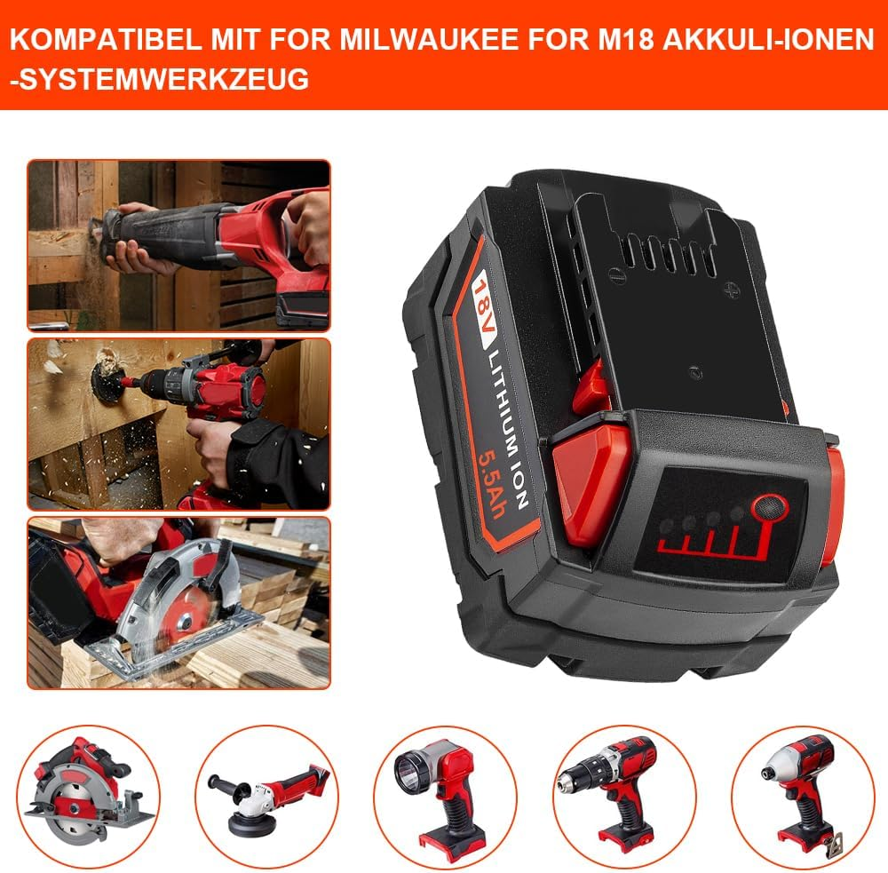 2 Pack 18V 5.5Ah for M18 Replacement Battery Compatible with Milwaukee Lithium Battery Power Tools 48-11-1820 48-11-1840 48-11-1850 48-11-1828 48-11-1815 Cordless Tool Batteries with LED Indicator