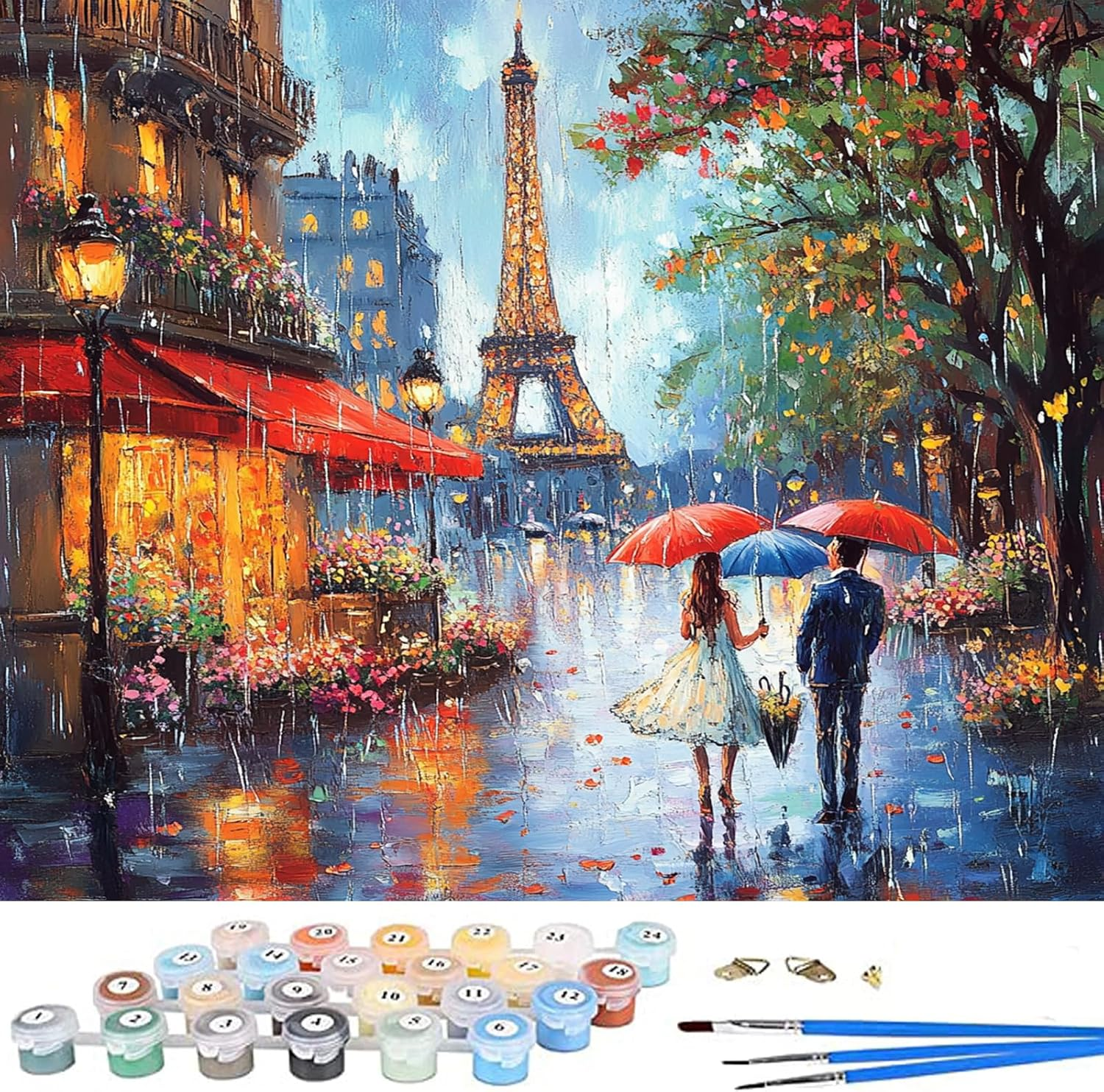 Paint by Numbers Kit for Adults Beginner,Paris Flower Eiffel Tower Adult Paint by Number Kits on Canvas without Frame,Colorful Flowers Landscape Oil Paint by Numbers with 3 Brushes for Home Decor 16&rdquo; W X 16&rdquo;L