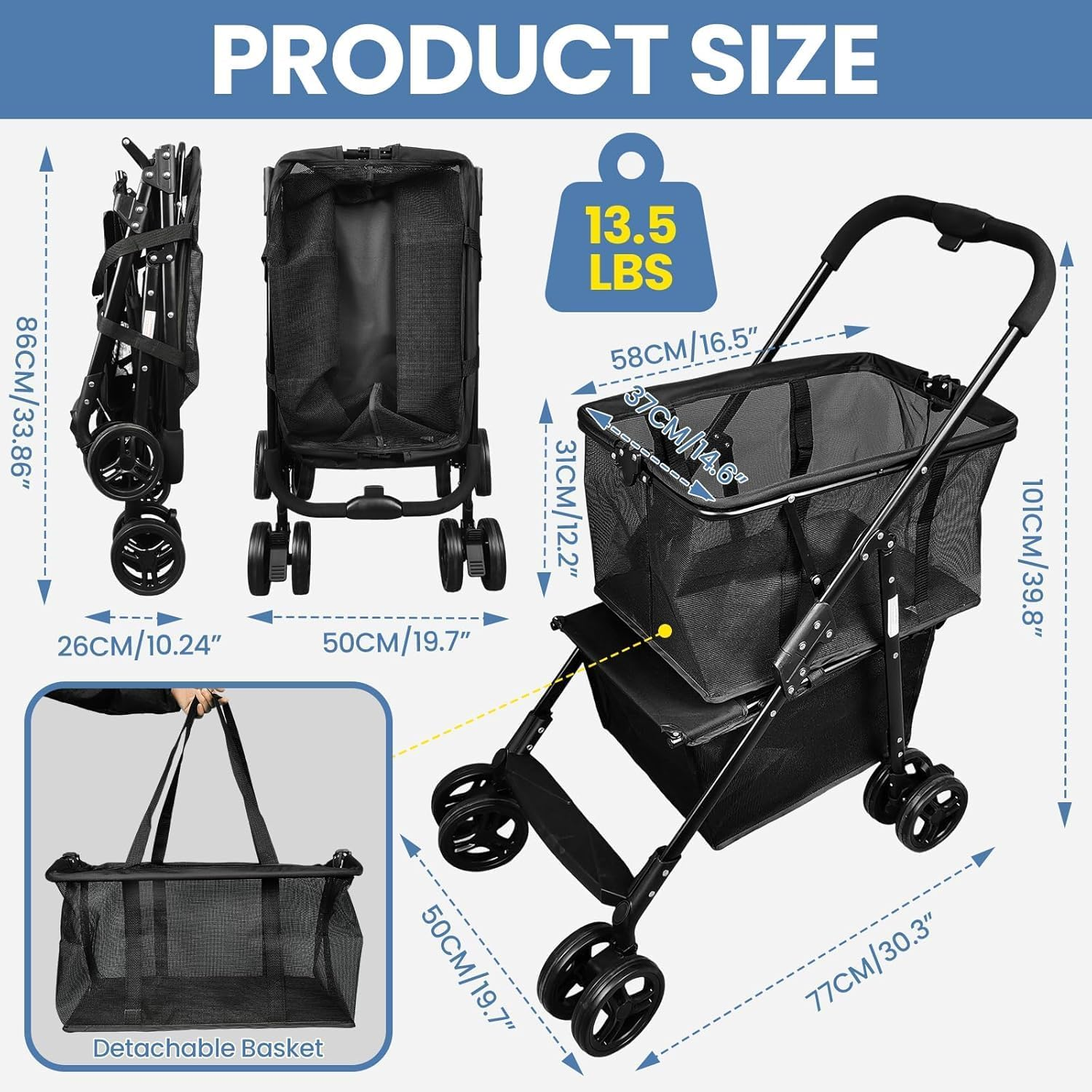 Folding Shopping Cart 50Kg, Portable Collapsible Grocery Cart, Two Tier Collapsible Shopping Trolley with Removable Basket and 360&deg; Swivel Wheels, One-Hand Fold (Black) image number 5