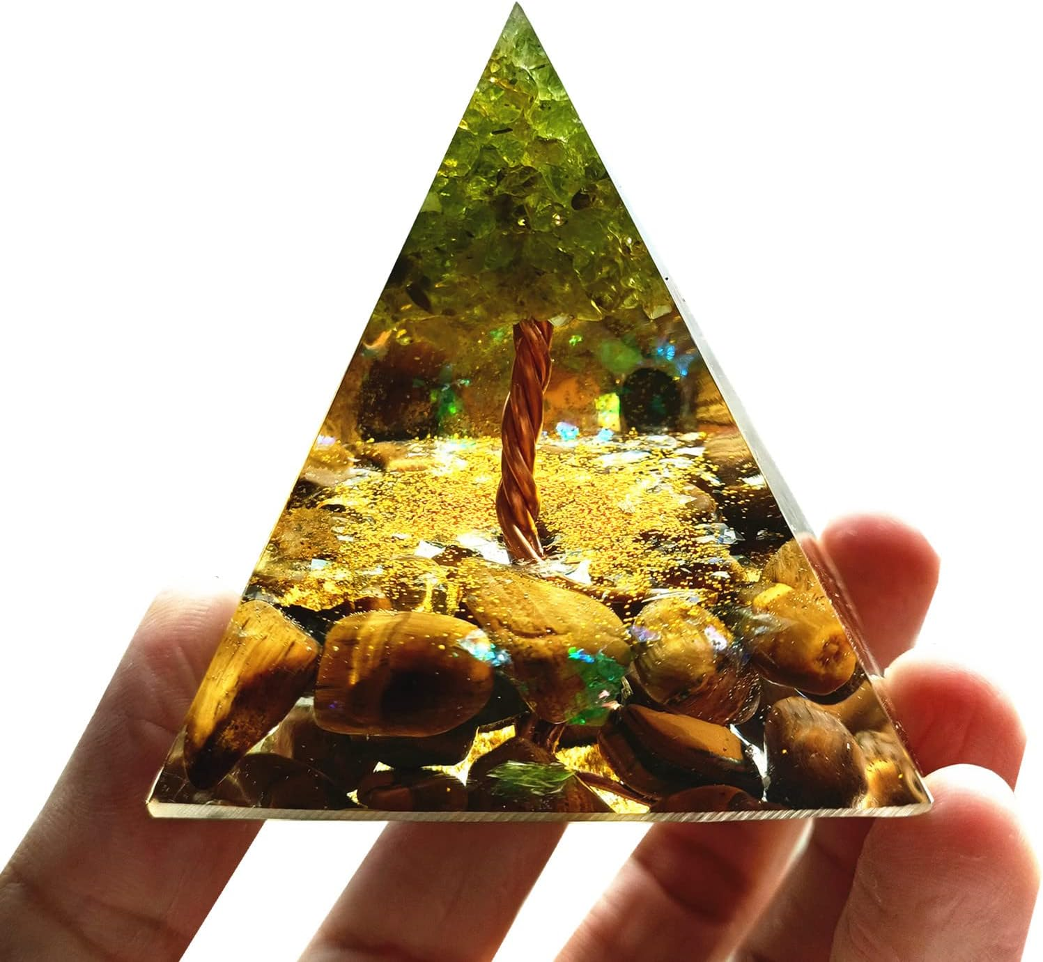 Peridot Tree of Life Orgonite Pyramid with Tiger Eye Stone Reiki Energy Generator Protection Crystal Healing Orgone Pyramids Collection image number 2