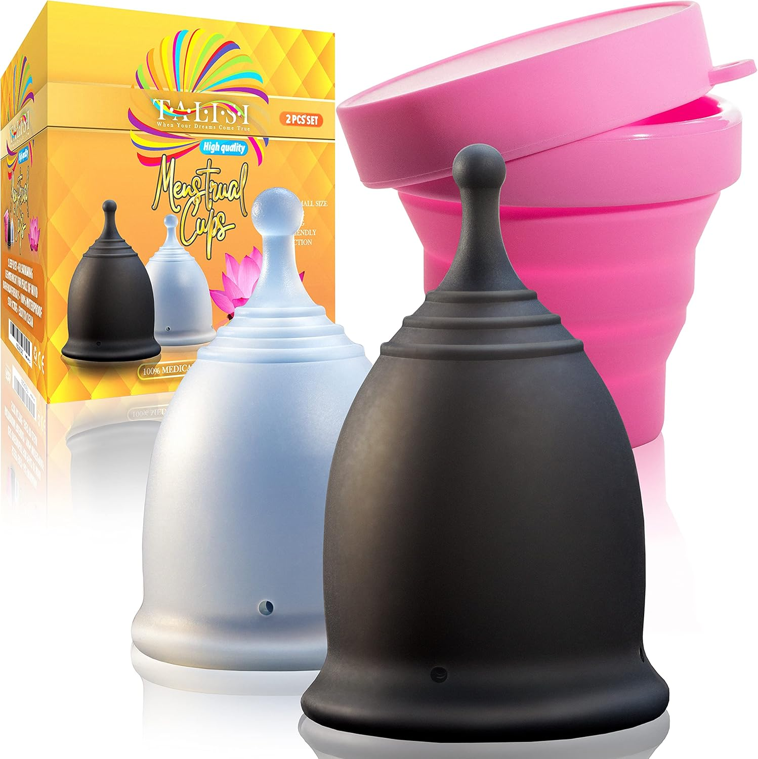 Talisi Reusable 2 Menstrual Cups - Period Cup Set for Women with Collapsible Sterilization Cup and Travel Bag - Feminine Menstruation Alternative to Tampons - Regular and Heavy Flow image number 6