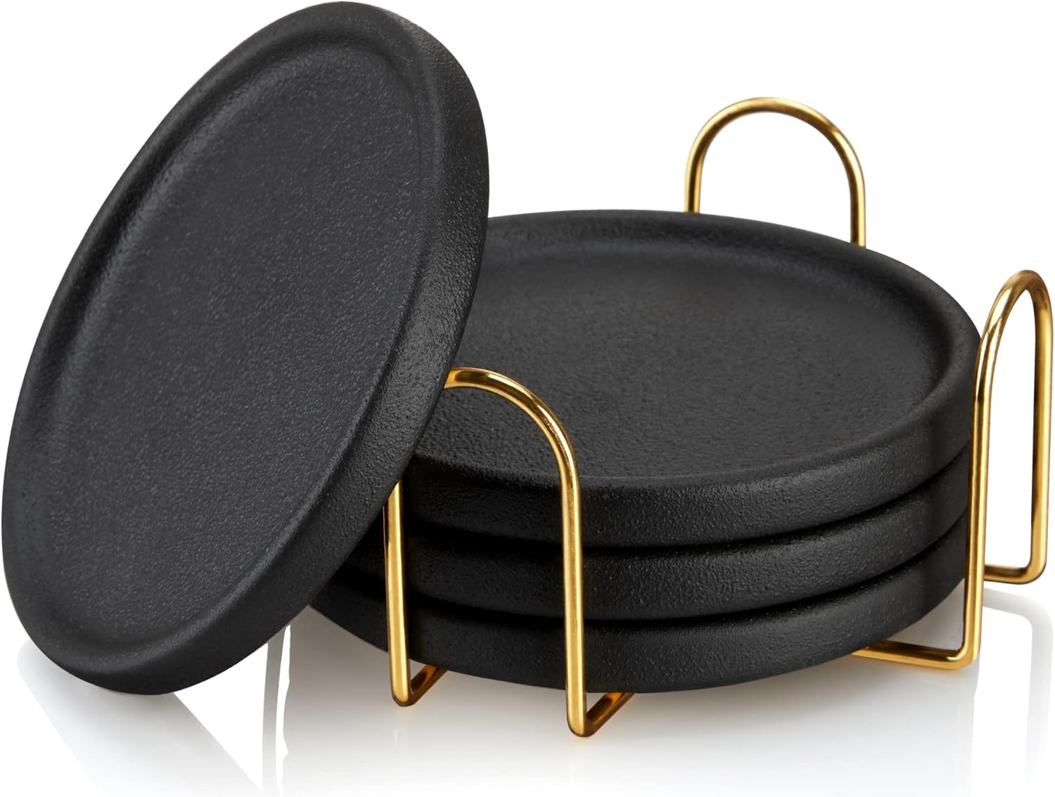 Viski Earthenware Coasters Set of 4 - Ceramic Drink Coasters - Outdoor Coasters for Drinks - Unique Coasters with Gold Stand Black image number 6