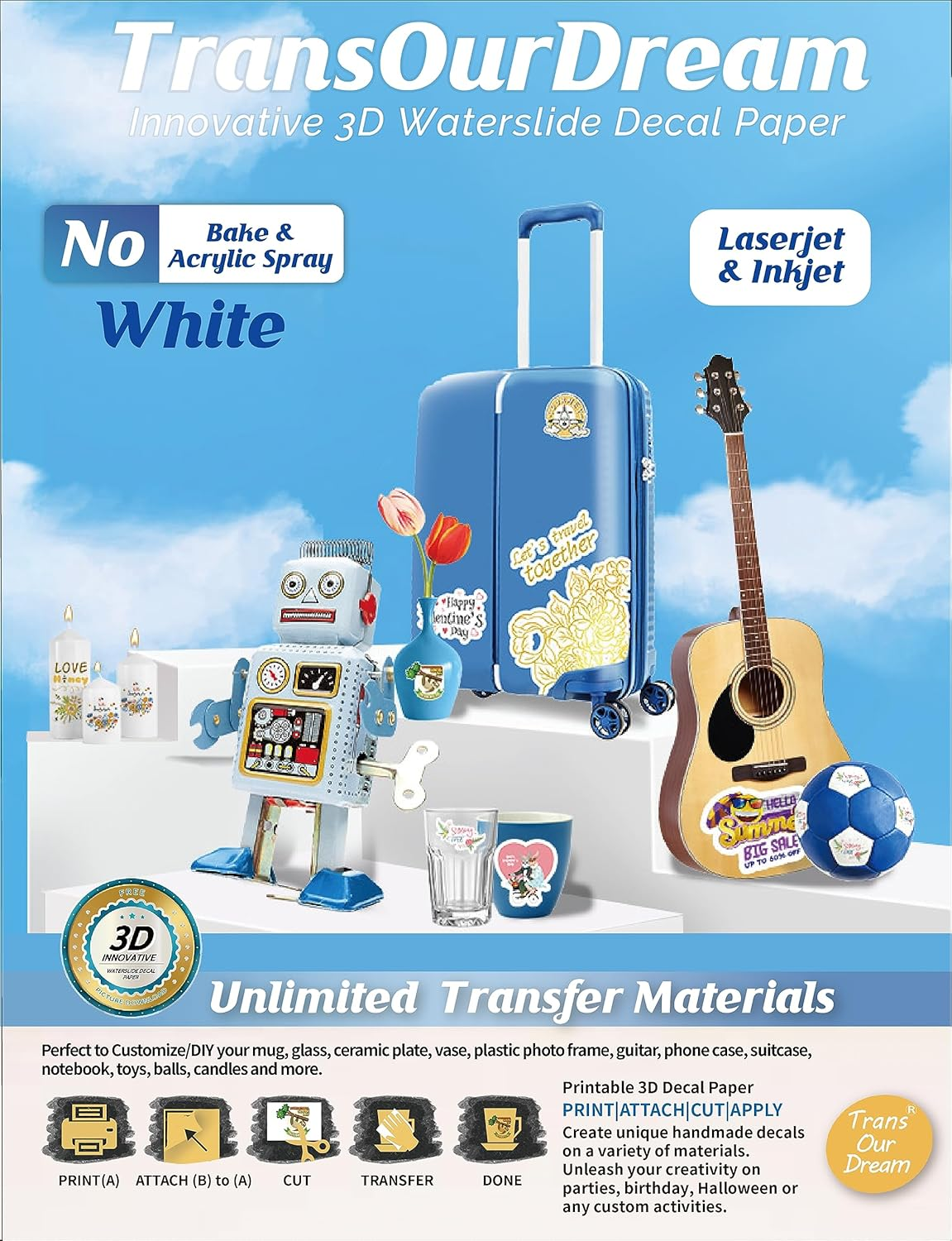 Transourdream 3D Waterslide Decal Paper for Inkjet & Laserjet Printers (A4,10 Sets) Clear Transparent Printable Water Transfer Paper for DIY Tumblers, Mugs, Ceramics, Glass（Tod-Au-3Dws-C10）