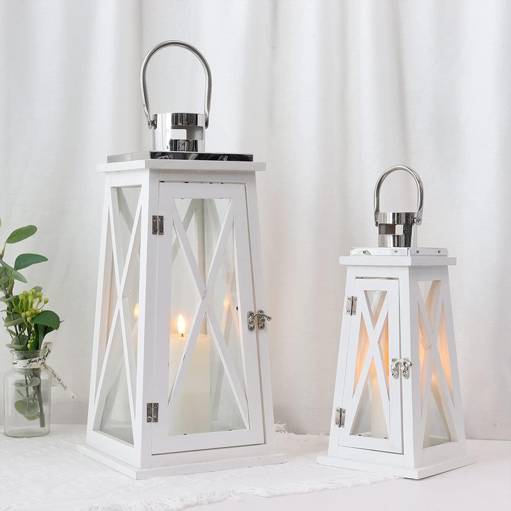 TRIROCKS Set of 2 Farmhouse Wooden Lantern 56&40 Cm Tall Metal Decorative Candle Holders with Tempered Glass Rustic Hanging Lantern for Patio Garden Wedding Parties Indoor Outdoor(White)