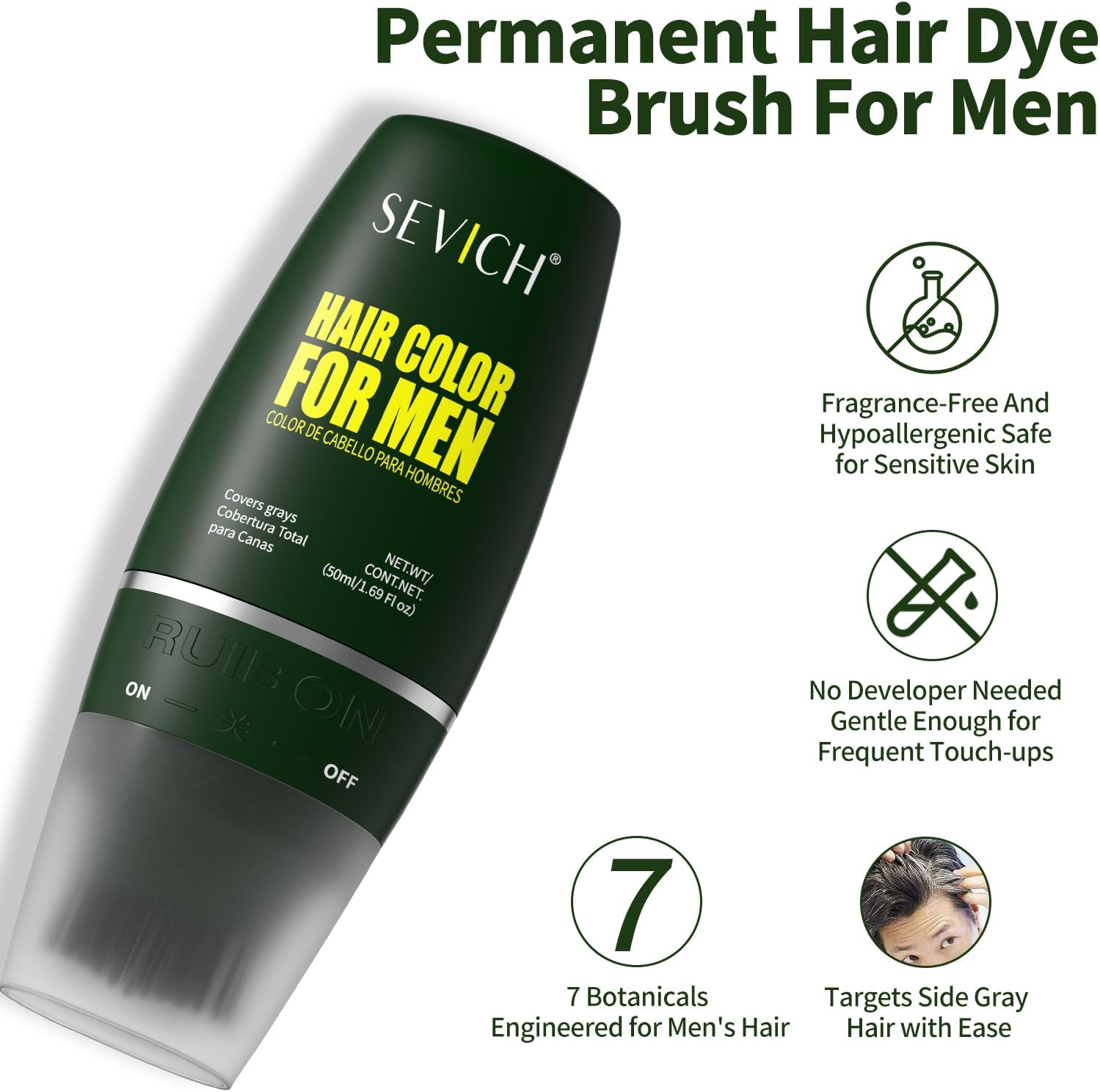 SEVICH Hair Color for Men Gray Coverage, Natural Plant Formula with Applicator Brush, No Ammonia No Peroxide, Quick & Easy Root Touch up in 30 Minutes (Black) image number 5