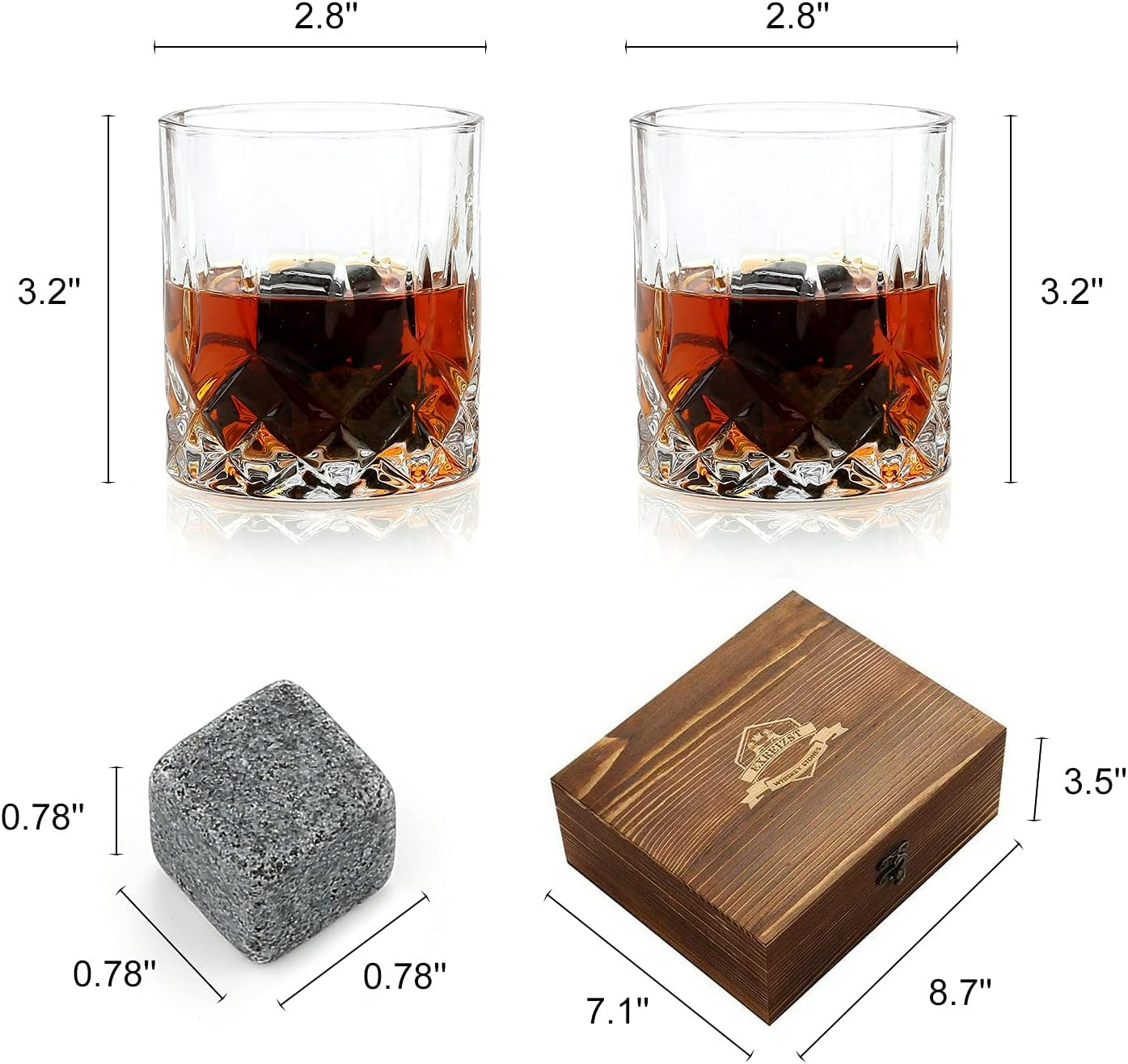 Whiskey Stones Gift Set - Whiskey Glass Set of 2 - Granite Chilling Whiskey Rocks - Scotch Bourbon Whiskey Glass Gift Box Set - Best Drinking Gifts for Men Dad Husband Birthday Party Holiday Present image number 1