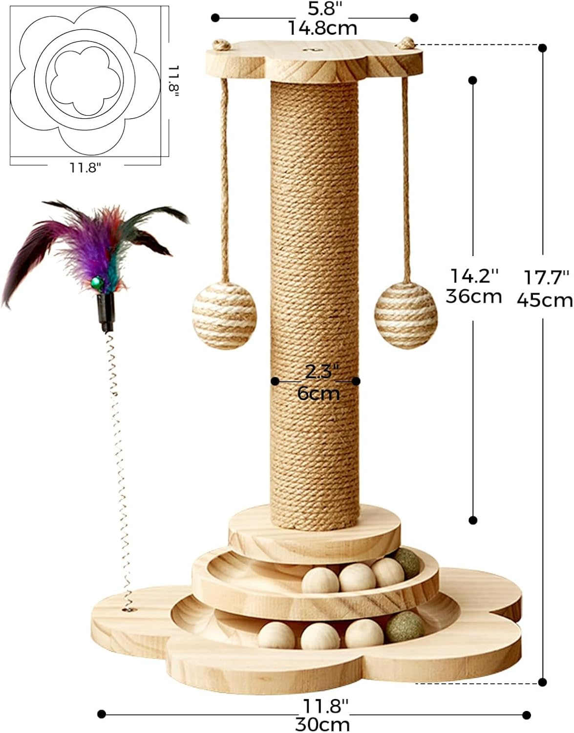 Multi-Functional Cat Scratching Post: 4-In-1 Wooden Cat Scratcher Toy, 45Cm Tall with Track Balls, Feather Toy, and Sisal Hanging Balls for Indoor Kittens and Adult Cats image number 3
