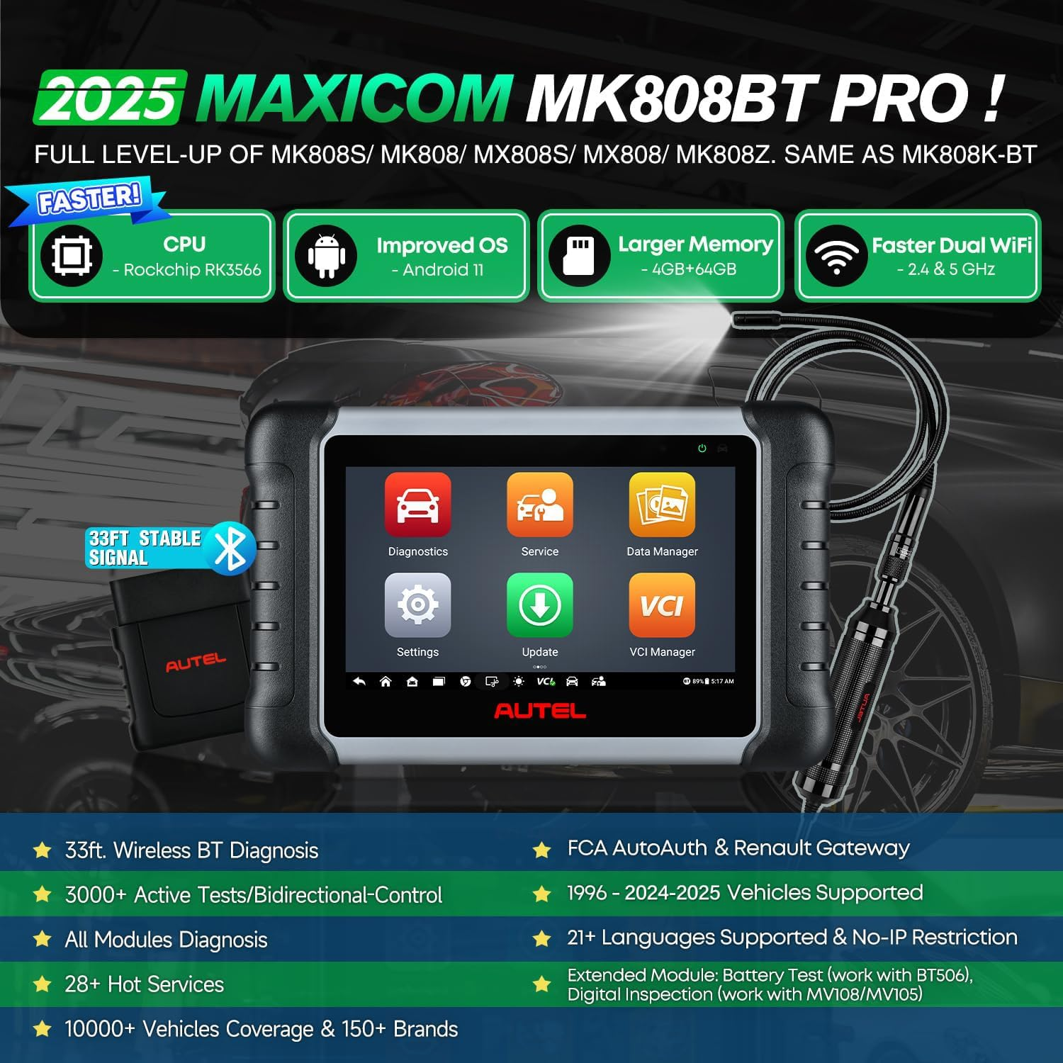 Autel Maxicom MK808BT PRO W/ $99 MV108S, 2025 OS 11 Full Bidirectional Scan Tool, 28+ Services, Active Test, All System Diagnostic Scanner, Work W/ BT506 Battery Tester, up of MK808S, MX808S, MK808Z image number 4