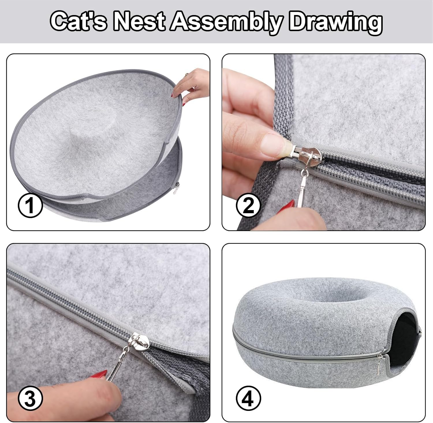 Cat Cave for Multiple/Large Cats up to 9 Lbs, Tunnel Bed, Scratch Detachable and Washable Large Donut Bed (Light Grey, L (24 * 24 * 11Inch)) image number 2