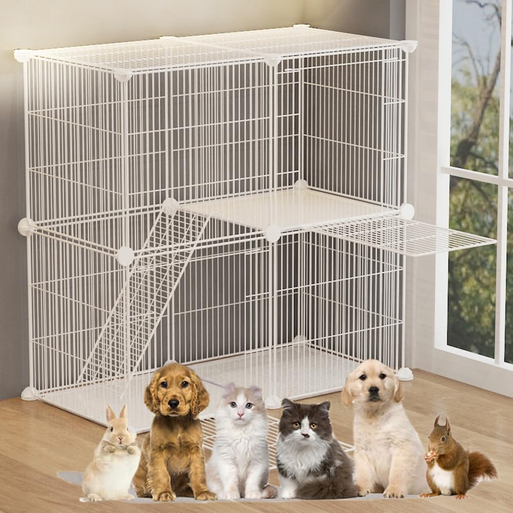 Cat Cage,Portable Metal Wire Mesh Grid Density Detachable Outdoor & Indoor Enclosure with Ladders,Cat Exercise Crate for Kitty,Puppy,Rabbits and Small Animals (Black, 2 Tier & 2 Doors)