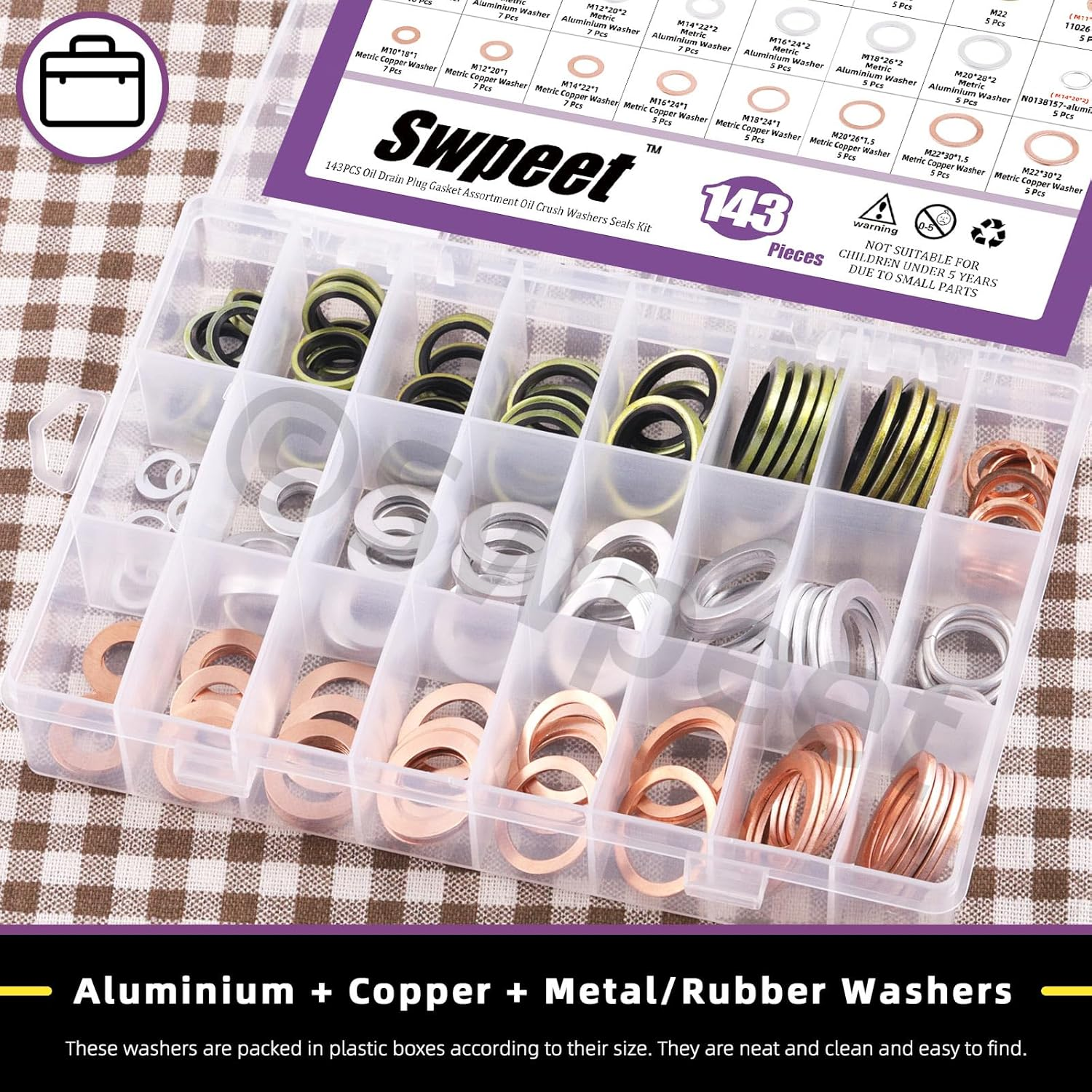 Swpeet 143Pcs M8 M10 M12 M14 M16 M18 M20 Aluminium & Cooper Washer Gasket and 2 Styles Oil Drain Plug with Yellow Zinc Plated Sealing O Rings Assortment Kit, Oil Crush Washers Seals for Most Cars image number 6