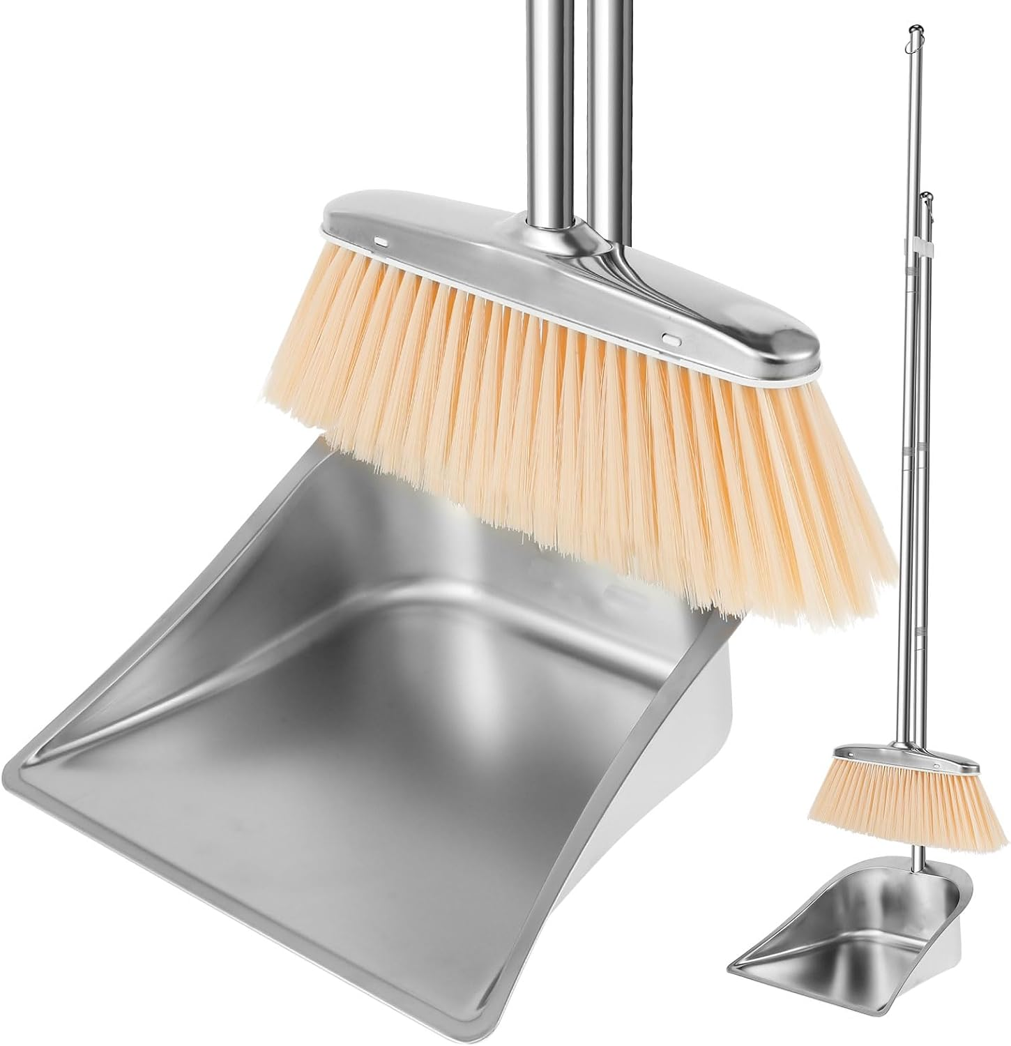 Broom and Dustpan Set Stainless Steel Upright Broom Dustpans with Long Handle Heavy Duty Dustpan Broom Combo Set Portable Sweeper and Dustpan Set for Home Office Dorm (Square)
