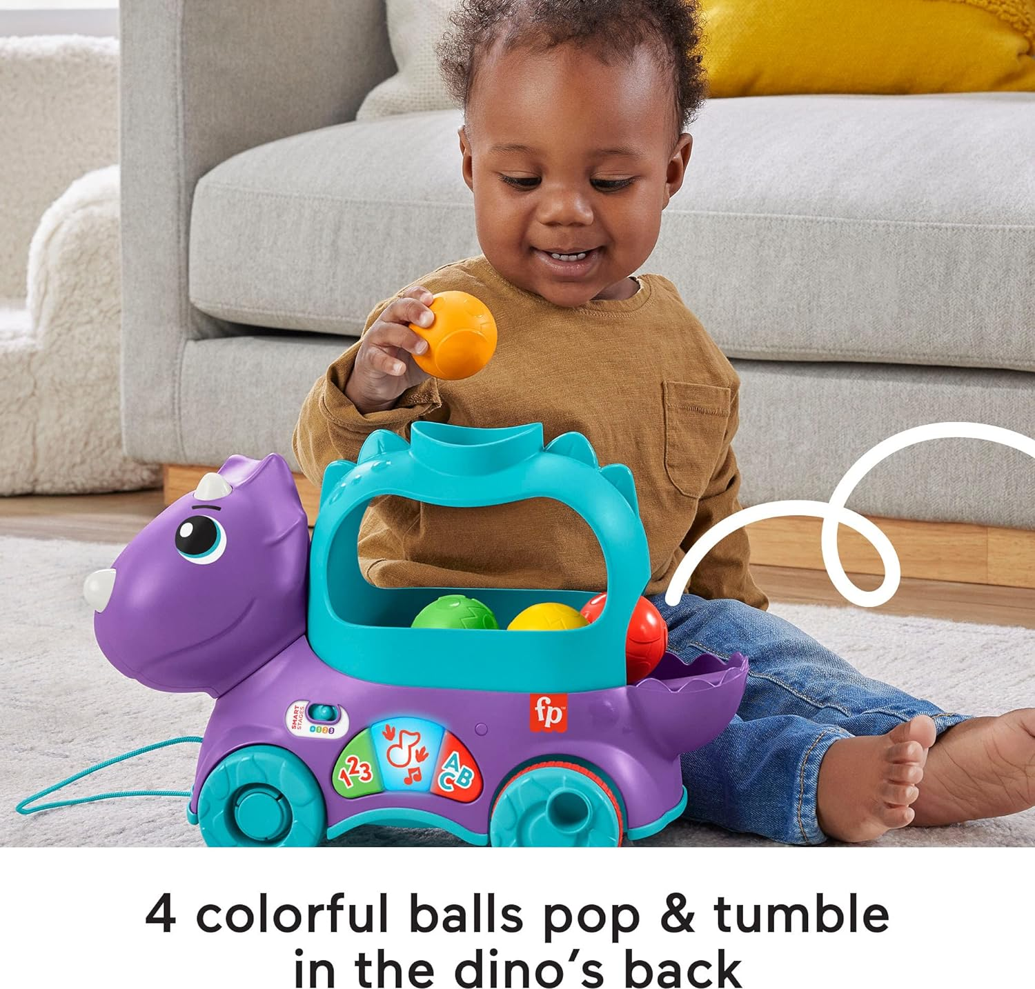 Fisher-Price Toddler Learning Toy Poppin&rsquo; Triceratops Dinosaur Pull-Along Ball Popper with Smart Stages for Ages 1+ Years image number 4