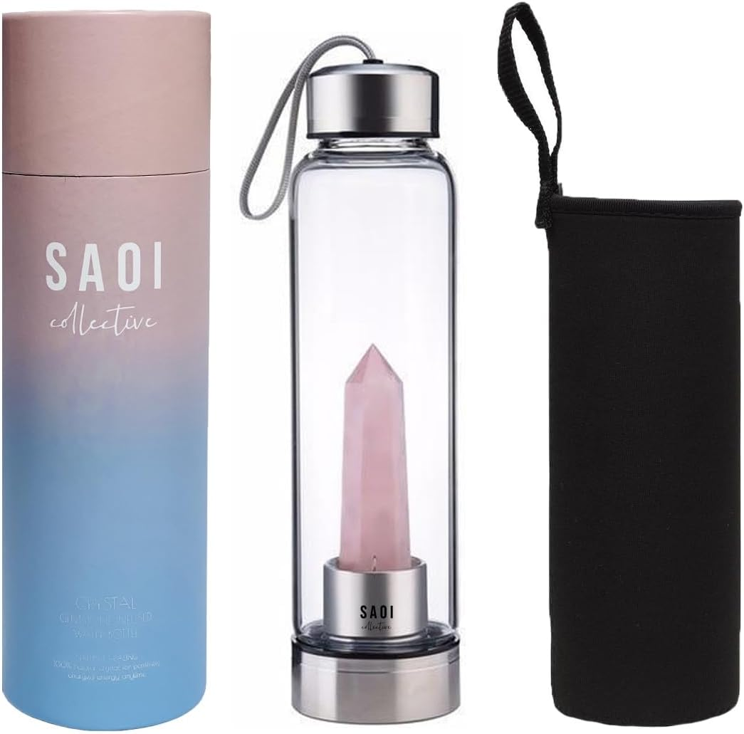 SAOI Crystal Water Bottle - Rose Quartz Gemstone Infused Elixir - Natural Wellness Healing - Glass/Stainless Steel - Water Bottle W/ Amethyst image number 4