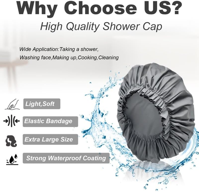 2 Packs Large Waterproof Shower Cap for Long Hair, Reusable Jumbo Shower Bonnets, Shower Head Cover for Locs, Curly, Baids & Wigs, XL Size Hair Cap for Spa Home Salon Use (Grey) image number 2