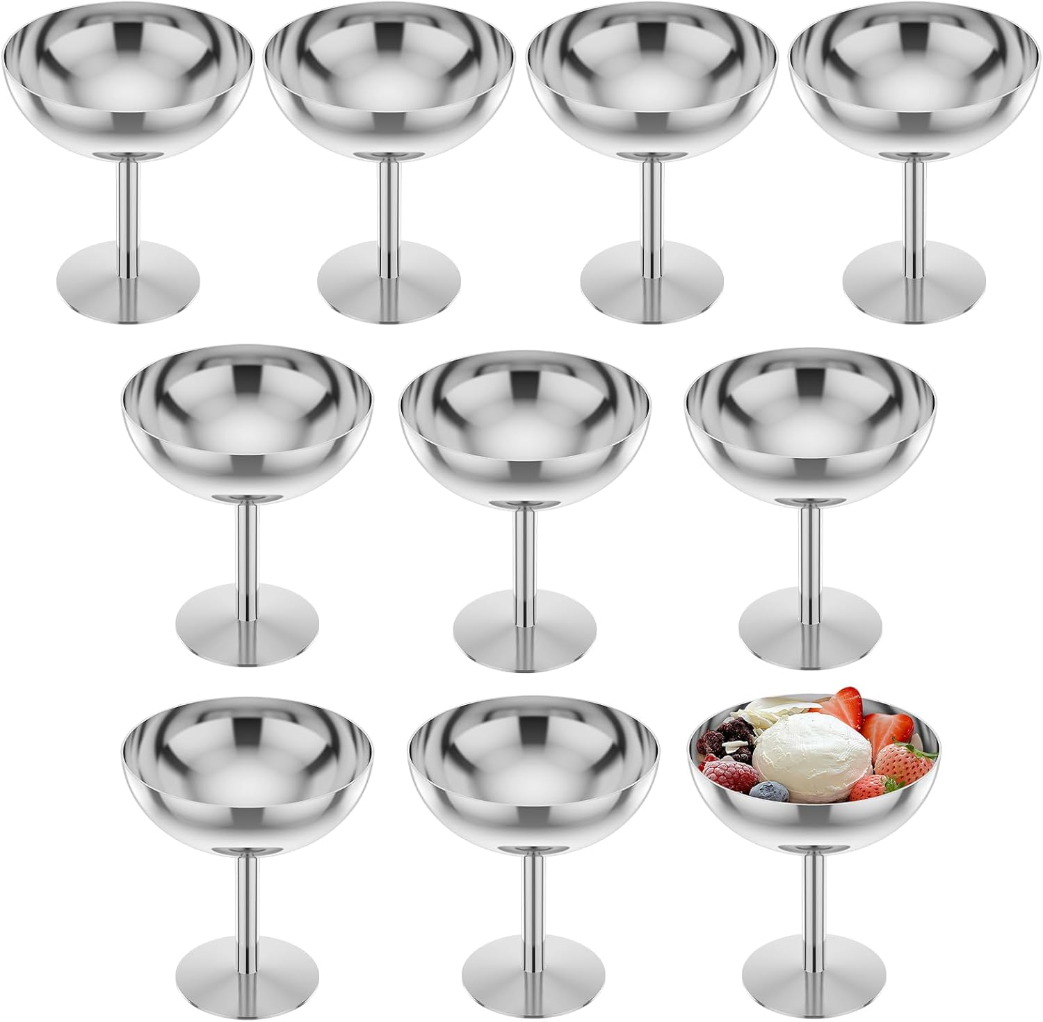 NIPUAEGO 2Pcs Stainless Steel Ice Cream Bowl, Multipurpose High Footed Foot Party Ice Cream Cup for DIY Ice Cream Parfait Banana Pudding Silver image number 2