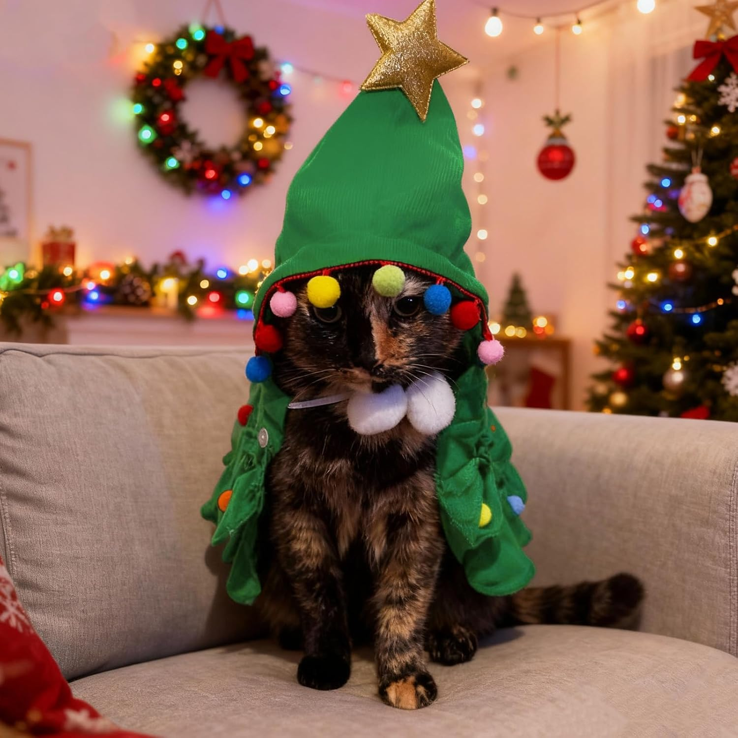 FOSDICK Cat Christmas Outfit, Cute Green Cat Cape Xmas Puppy Cloak with Star, Pet Christmas Costume for Small Dogs Cats Kitten Clothes Puppy New Year Party Supplies (M)