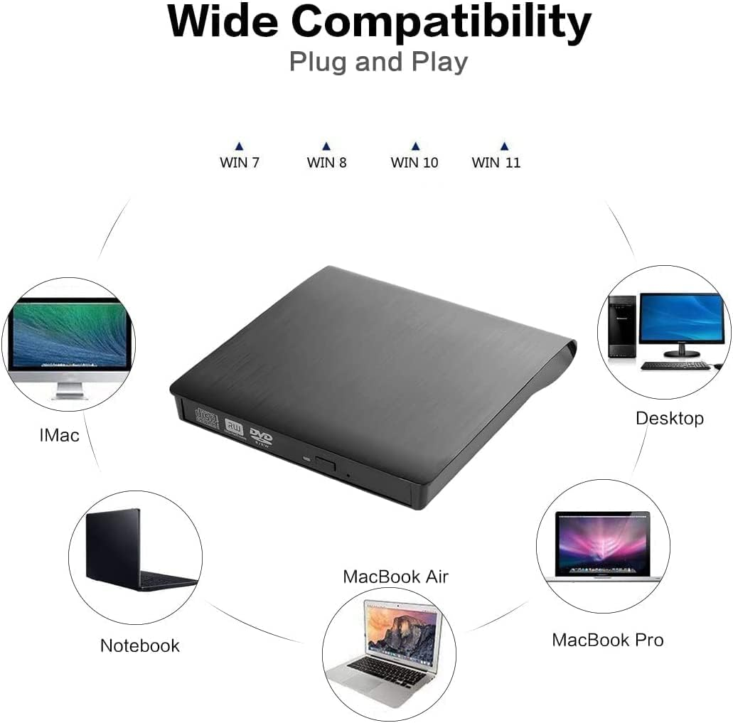 Intendvision External CD DVD Drive USB 3.0 Protable Slim DVD/CD ROM +/-RW Optical Drive Player Reader Writer Burner for Desktop Windows 7/8/10/Xp/Vista Laptop Computer PC (Black)