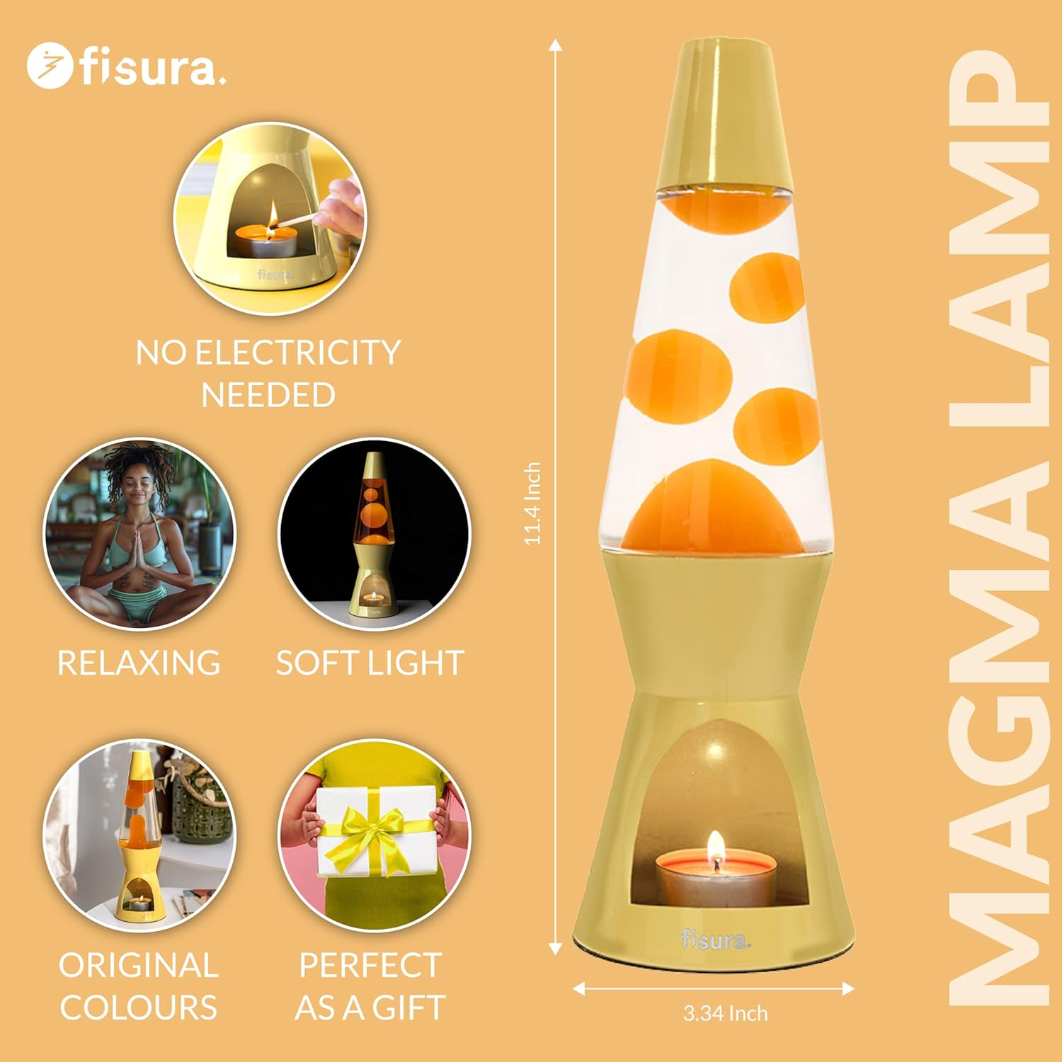Fisura - Yellow Lava Lamp without Electricity. Environmentally Friendly Lamp. Original Gift. 29 Cm X 8.5 Cm (Candle Not Included) - Blue And Orange Candle image number 7