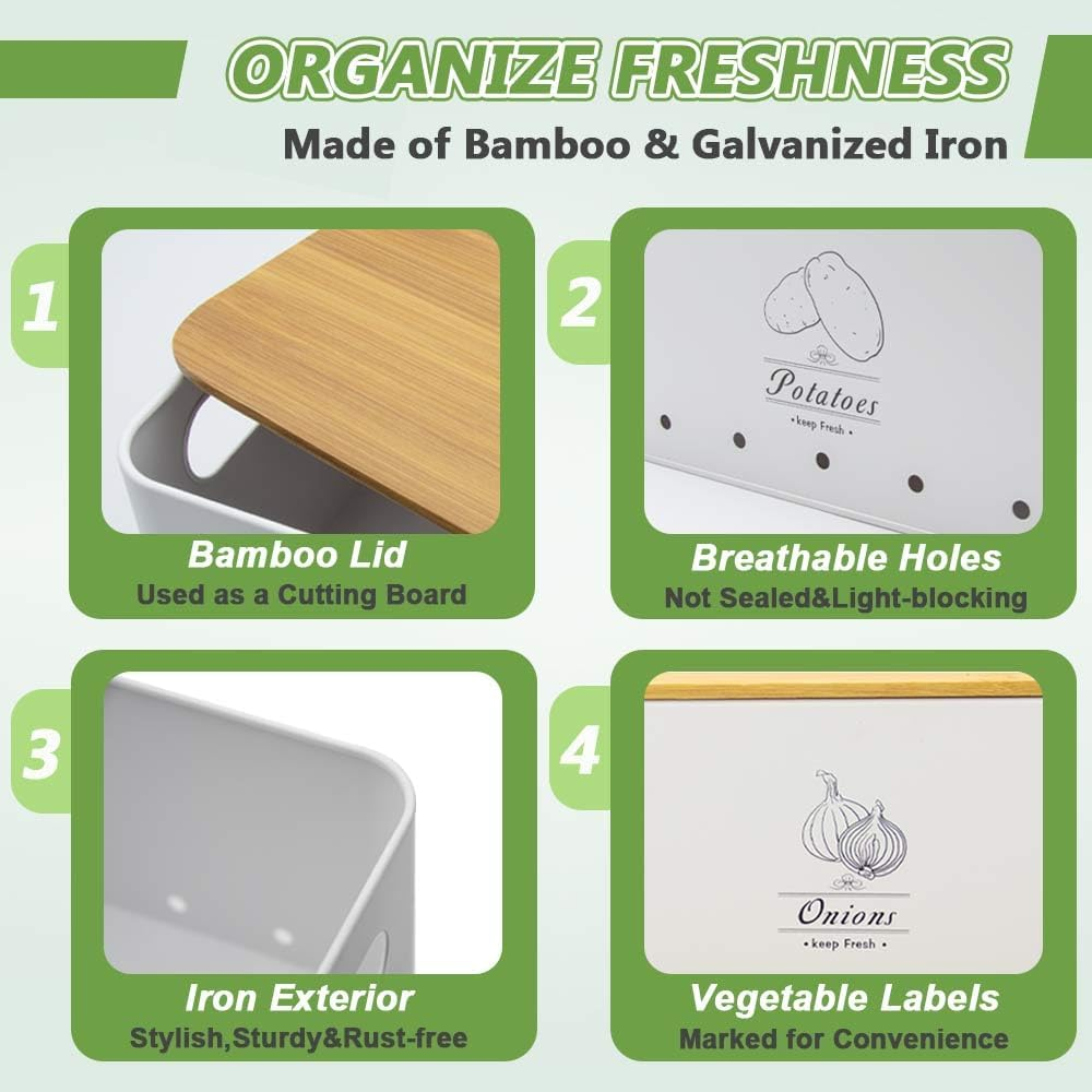 8PCS Kitchen Vegetable Storage Containers,Potato and Onion Garlic Storage Bin with Peeler,Slicer,Masher,Garlic Press & Cloth, Carbon Steel Potato Storage Box with Airflow & Wooden Lid (White) image number 4