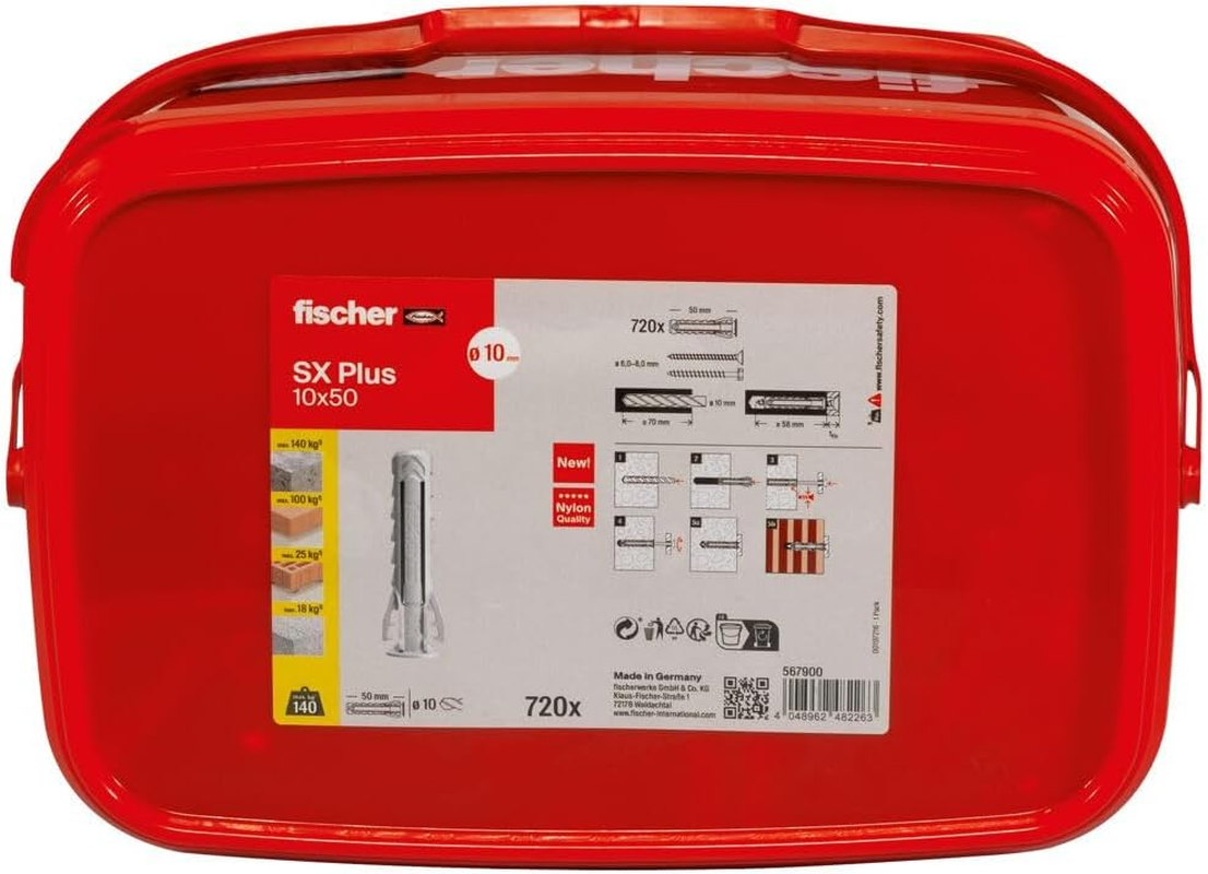 Fischer Expansion Dowel SX plus 10 X 50, Practical Bucket with 720 Nylon Dowels, Dowels for Optimal Hold for Fixings in Concrete, Solid Brick, Aerated Concrete, Perforated Bricks and Much More. image number 3