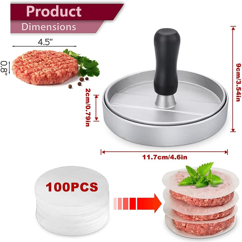 Non-Stick Aluminum Burger Press with 100Pcs Patty Papers, Aufondof 4.5 Inch Hamburger Patty Maker Mold, Hamburger Press Patty, Burger Mold Rings Easy Release for Meat, Beef, Veggie Burger, BBQ image number 4