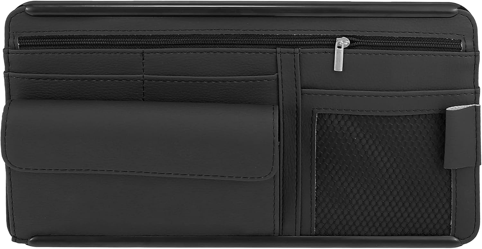 X AUTOHAUX Beige Universal Car Sun Visor Organizer Sunglasses Case Storage Pocket Hook and Loop Tape ABS PU Leather for SUV RV Truck