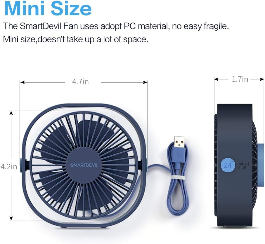 USB Desk Fan Small Personal Fan &ndash; Quiet 3-Speed Mini Table Fan for Home Office Travel, Portable Desktop Cooling Fan with Strong Airflow, USB Powered (Navy Blue) - Blue image number 4