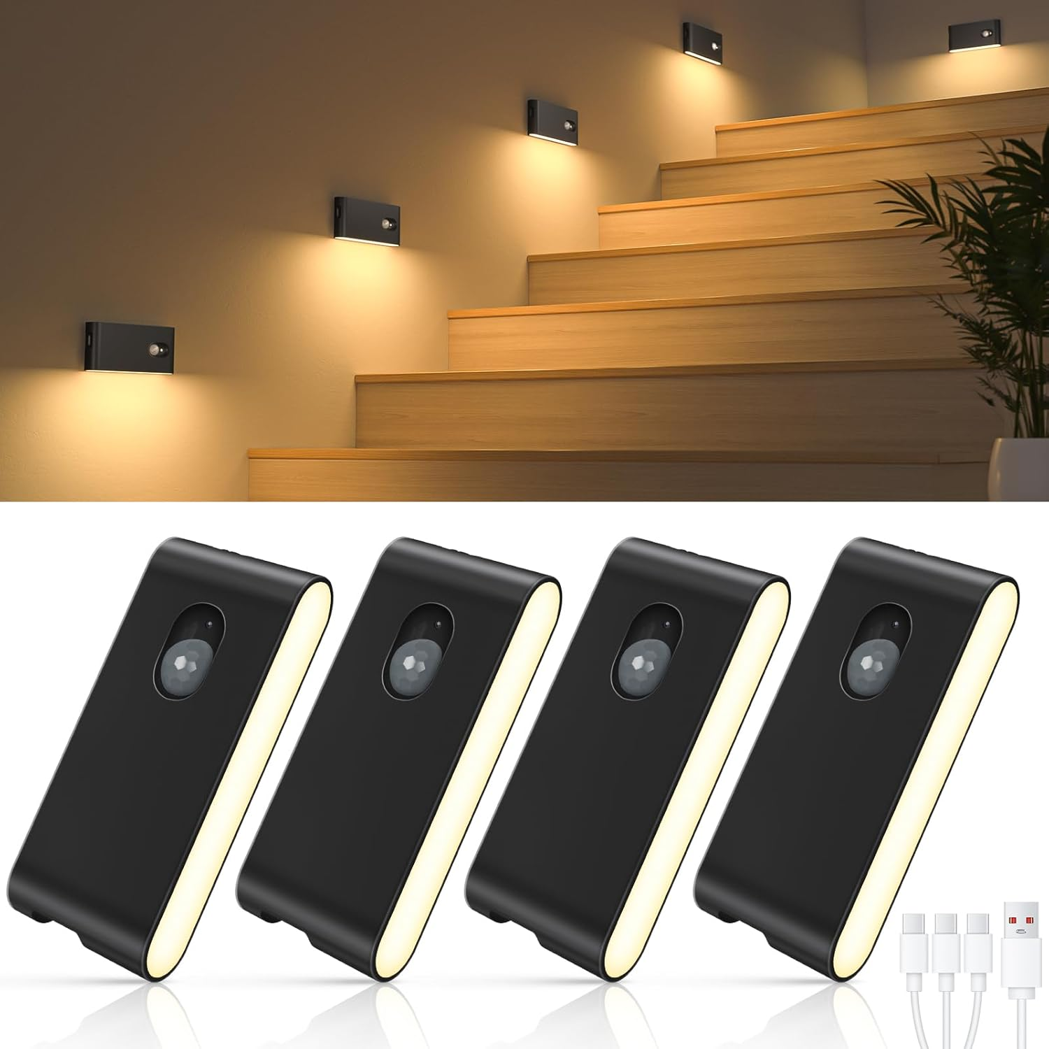 WILLED Motion Sensor Night Light, USB Rechargeable Night Light, Wireless Motion Sensor Light Indoor (Auto/On/Off), Magnetic Stick on Lights for Wardrobe, Hallway, Stairs, Bedroom, Kids' Room(4-Pack)