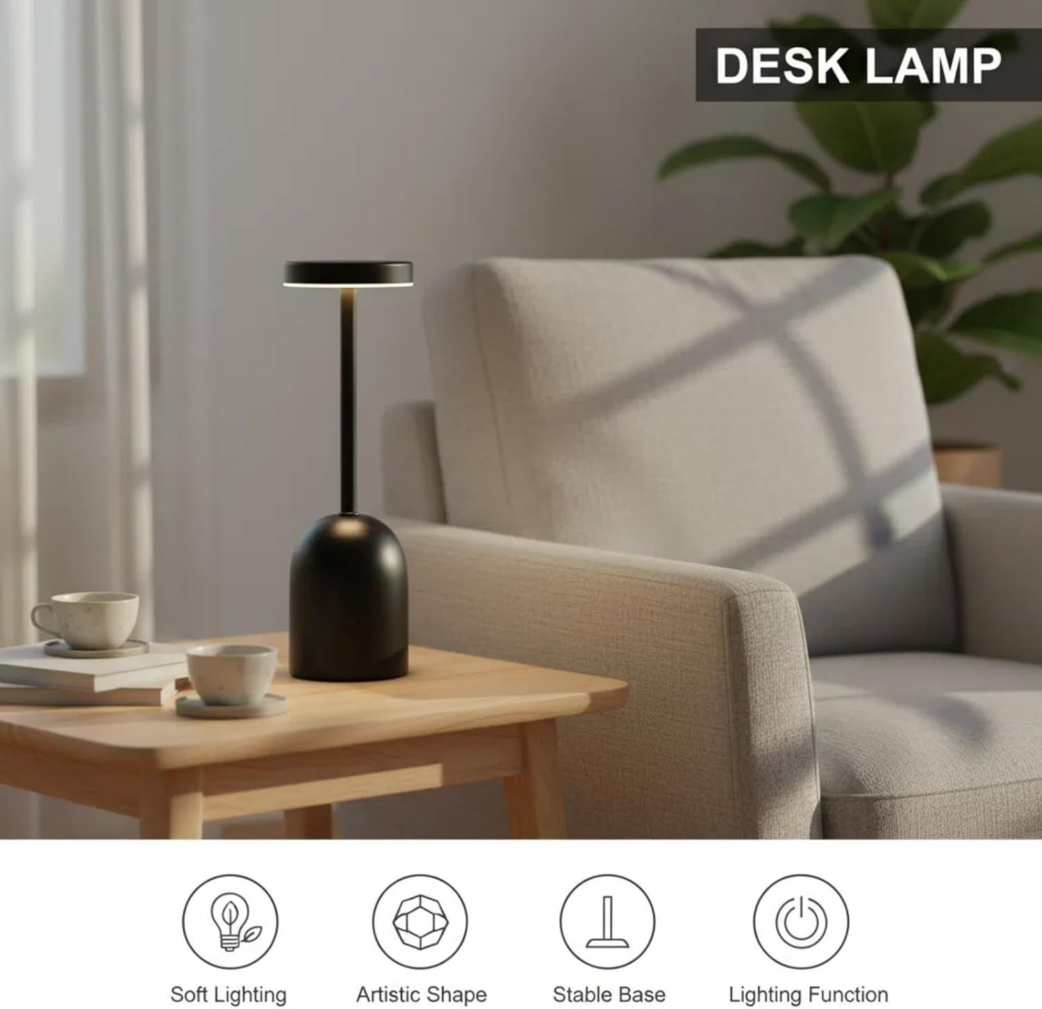 Howeifull LED Table Lamp Wireless, USB-C Rechargeable 5200 Mah Small Table Lamp Battery, Dimmable Touch LED Metal Table Lamp with 3 Colour Temperatures, Portable for Modern Living Room, Children'S image number 6