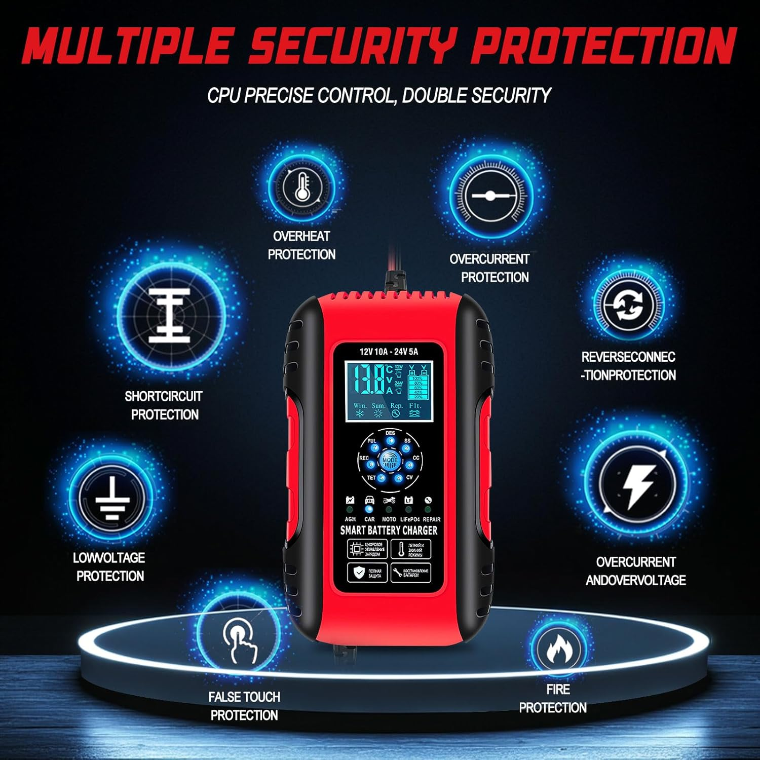 Car Battery Charger, 10A Lifepo4 Lead Acid Car Battery Charger, Upgraded Automobile Trickle Charger 12/24V, 12V Battery Charger Trickle Charger for Car Truck Motorcycle Lawn Mower Boat Marine image number 1