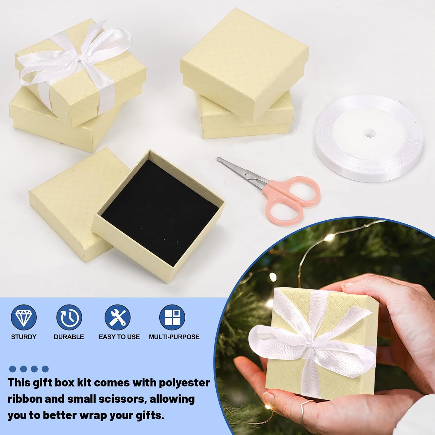 Glarks 17Pcs Champagne Color 2.95 X 2.95In Jewelry Gift Boxes with Pink Scissors and White Polyester Ribbon Set, Diamond Pattern Necklace Earring Bracelet Boxes Gift Case Ideal - Dark Blue image number 5