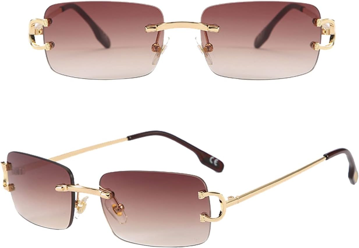 Sdinm Small Narrow Rimless Sunglasses Fashion Frameless Rectangle Tinted Lens Eyewear 90S Glasses for Women Men - 2Pc:Clear+Brown Gradient image number 5