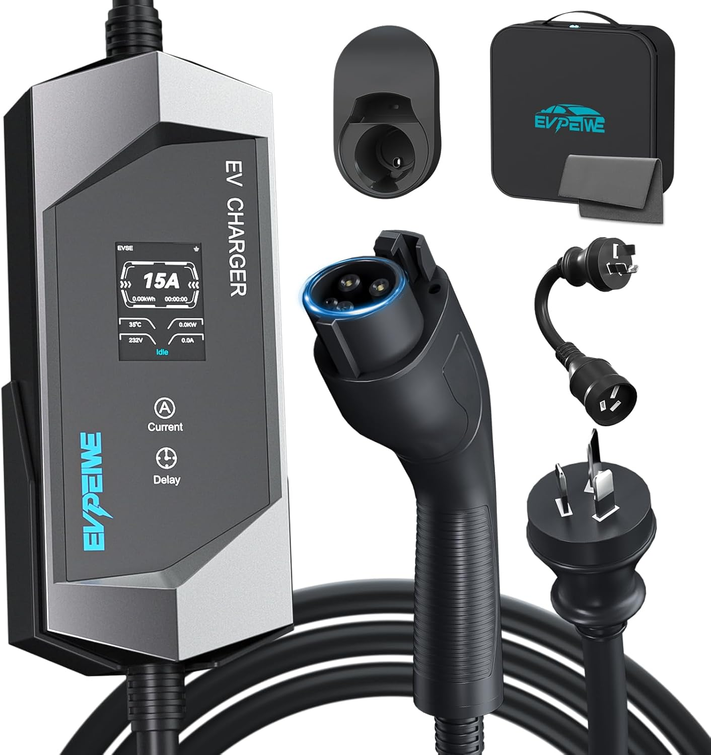 EVPEIWE Type 1 EV Charger 10A/15A EV Charging Cable with Australian 15A Plug/10A Adapter with Adjustable Current Portable Electric Vehicle Charger for Type 1/SAE J1772 Evs, Silver/5M