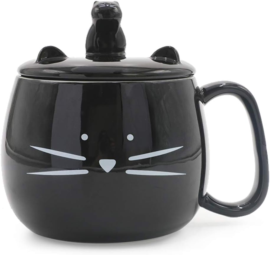 Koolkatkoo 16OZ Cute Cat Coffee Mug with Cell Phone Holder Lid for Cat Lover Unique Ceramic Black Mugs Tea Cup