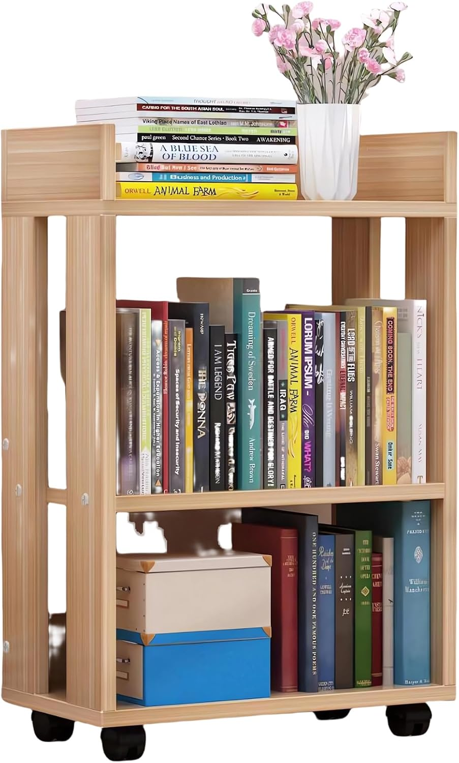 Bookcase, Computer Desk Organiser Shelf, Office Storage Cart, Wooden Desk Cart with Wheels, Wood File Cabinet, Bookshelf A62 (J White)