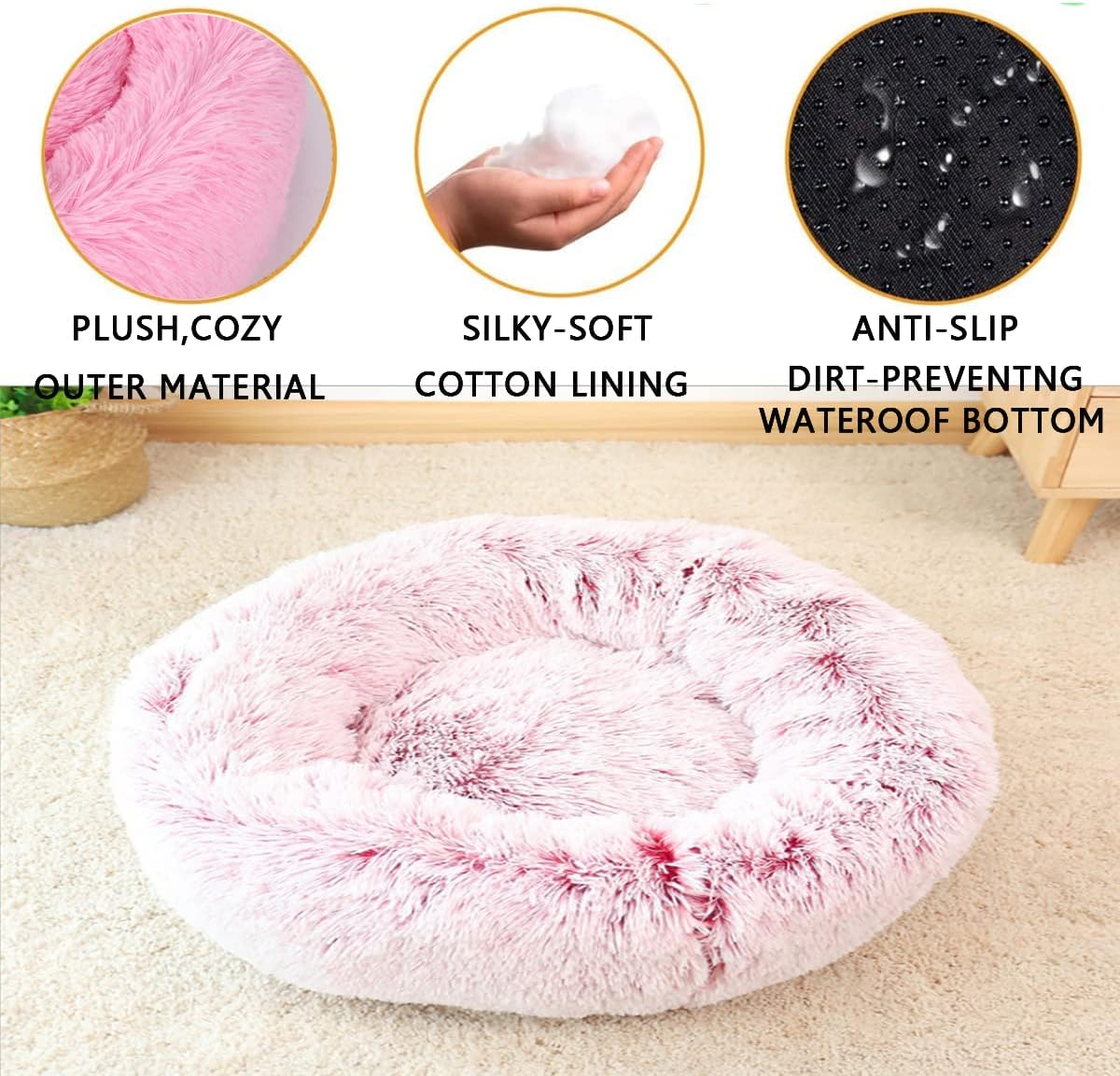 Calming Dog Bed Cat Bed, Washable round Dog Bed Anti-Slip Fluffy Faux Plush Donut Cuddler Cat Bed for Small Medium Large Dogs - Waterproof Bottom Diameter39In