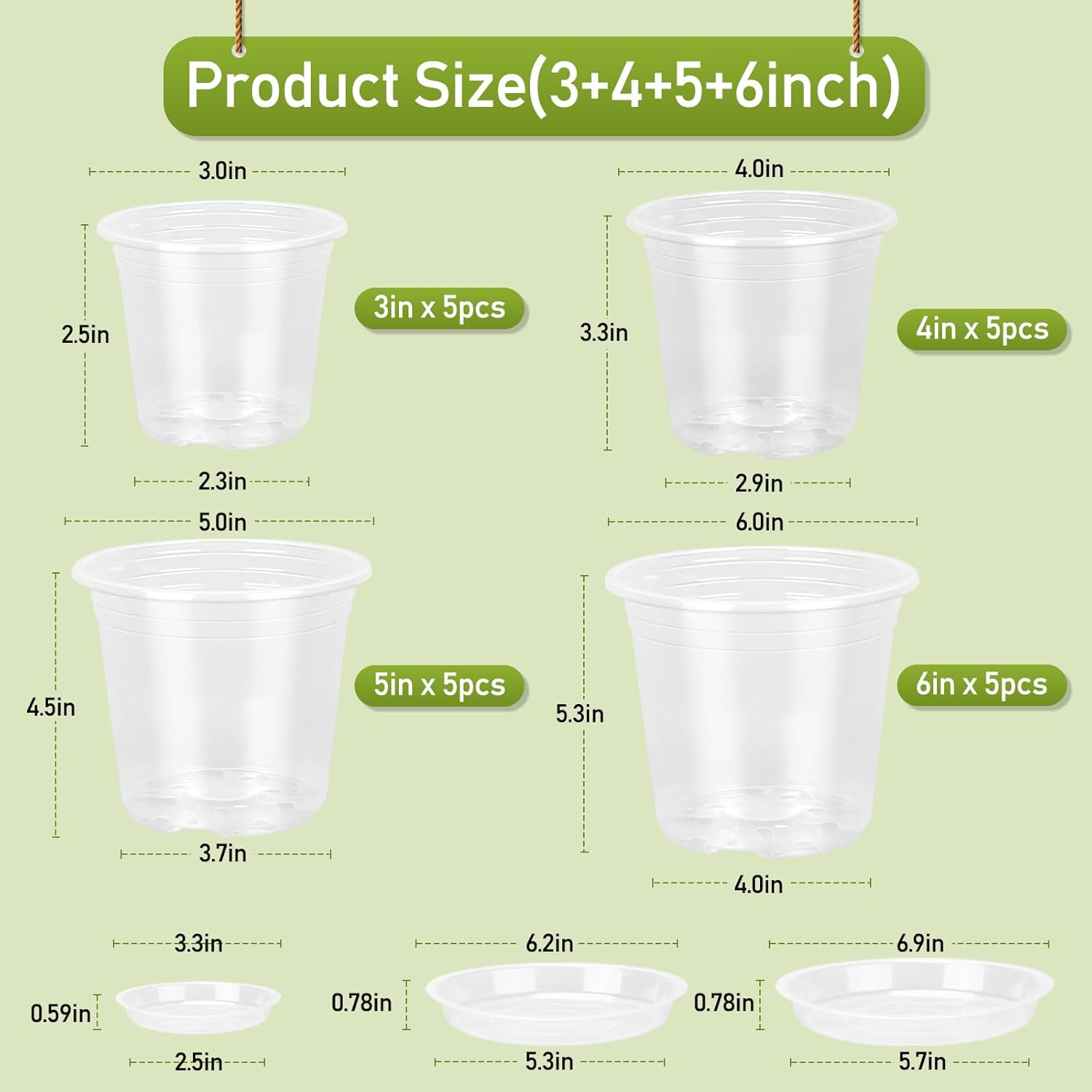 TAQIXI 3/4/5/6 Inch Clear Nursery Pots with Drainage Holes and Saucers, 20 Pack Clear Plastic Plant Pot, Plant Pot Seed Starter Pots for Succulents image number 1