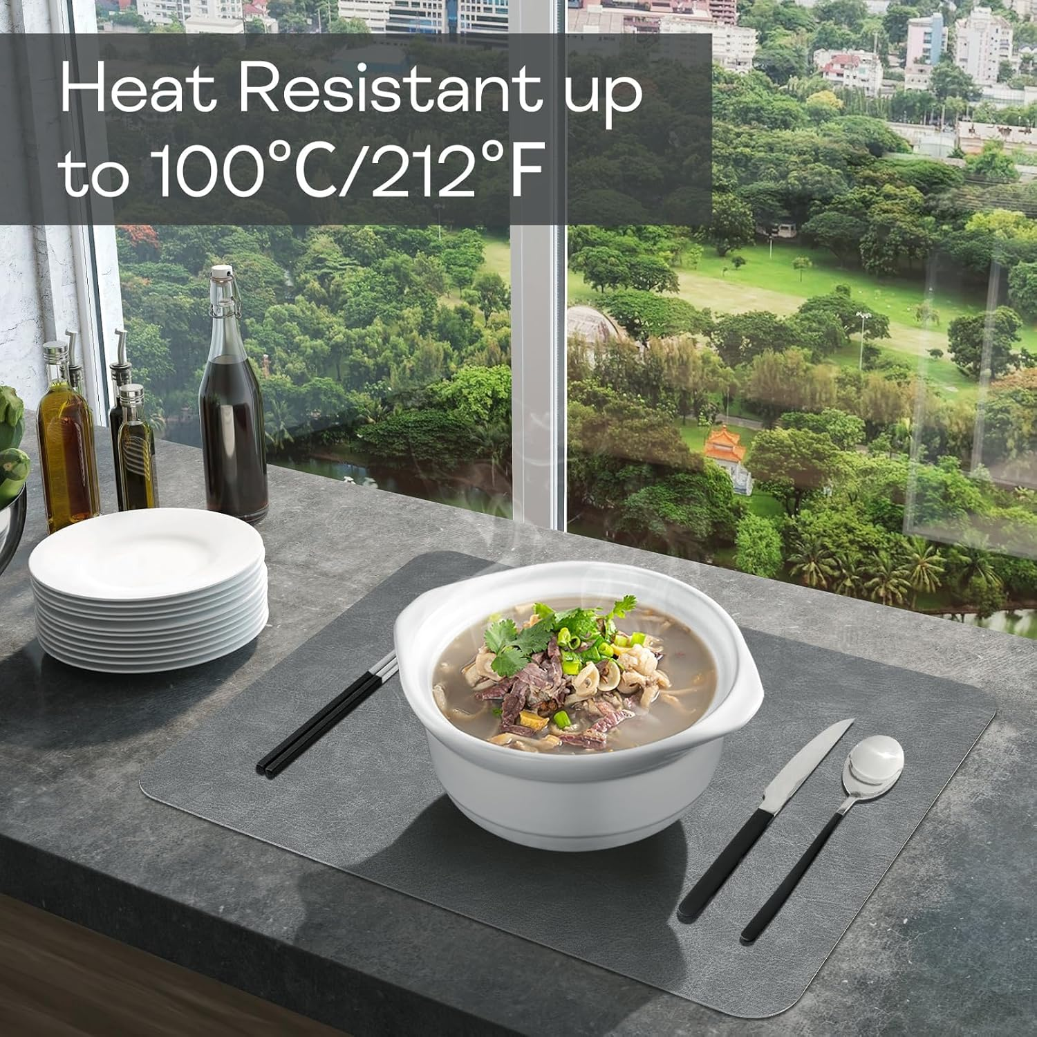 Faux Leather Placemats Set of 6 Table Mats 44.5 * 30Cm Heat Resistant Reversible Place Mats, Waterproof Wipeable Dining Table Place Mats for Home Party Outdoor (Grey) - Dark Green/Light Grey image number 7